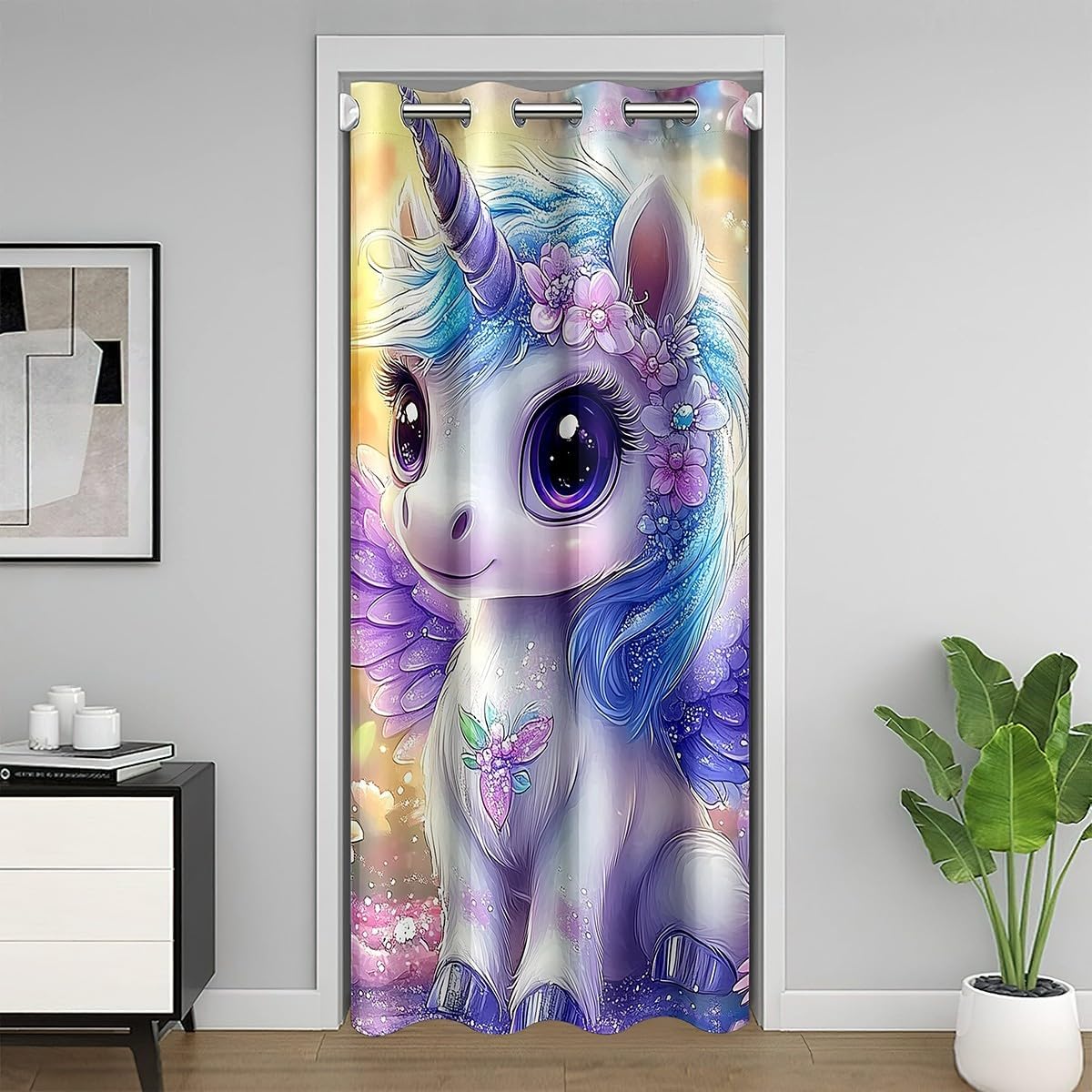 Feelyou Unicorn Door Curtain for Doorway Privacy 59" x 80" Floral Flower Closet Door Cover Curtain for Bedroom Living Room Dreamy Horse Room Divider Curtain Cover