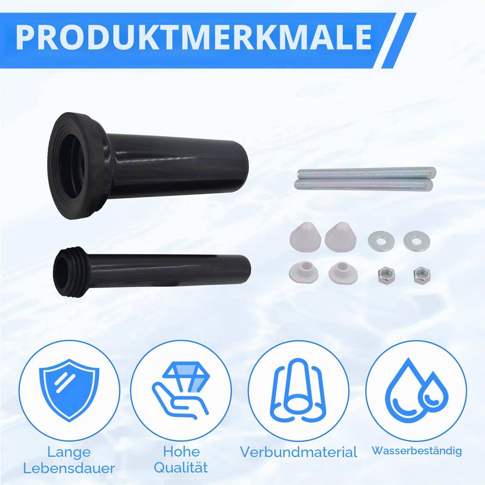 WC Anschluss Set 300mm, Anschlussgarnitur für Wand-WC mit Spülrohr Abflussrohr Kappen Dichtung und Befestigungsmaterial Montageset für Hänge-WC