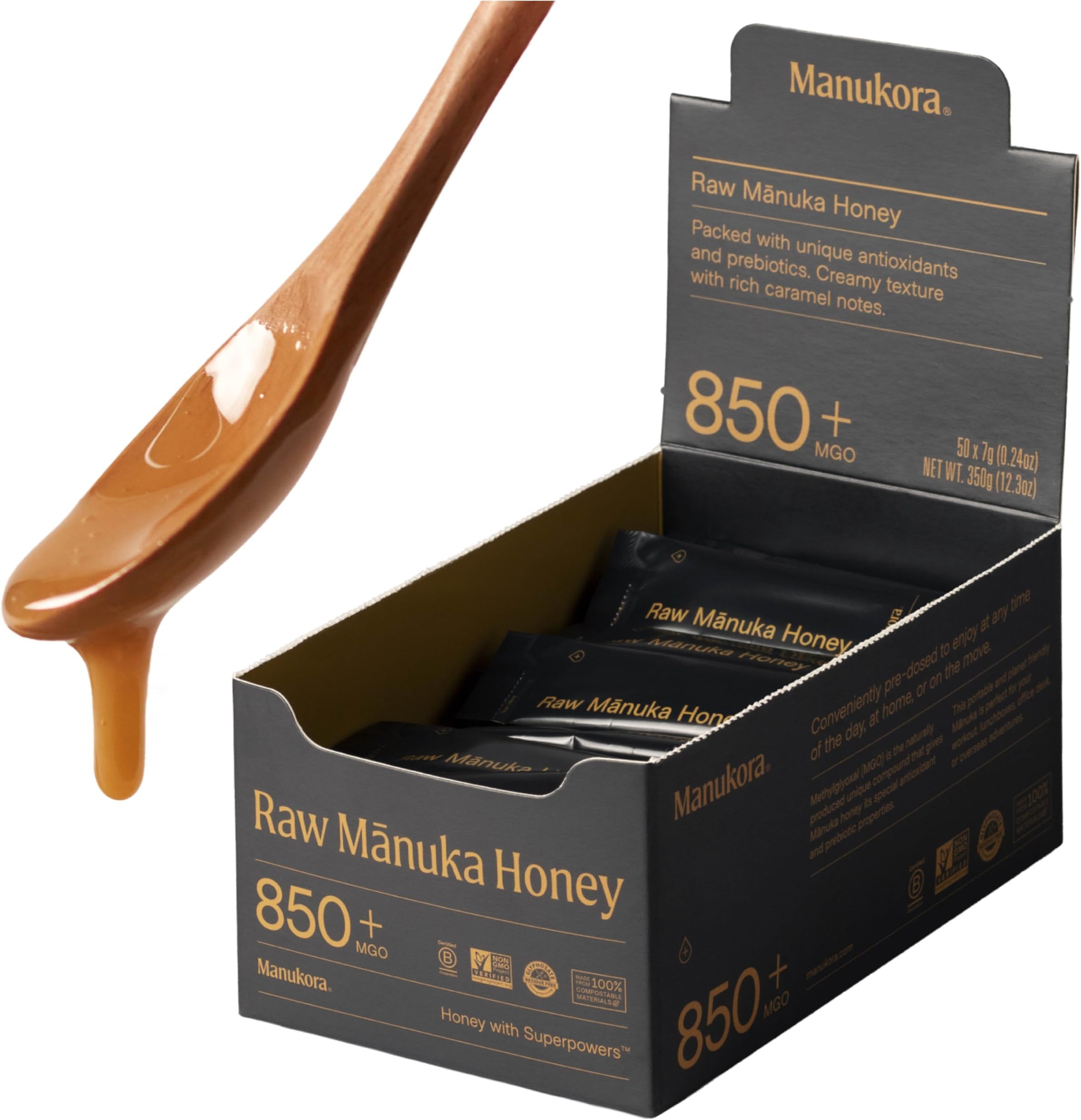 Manukora UMF 20+/MGO 850+ Raw Manuka Honey - Authentic Non-GMO New Zealand Honey, UMF & MGO Certified, Traceable from Hive to Hand (0.25 Oz Stick Packets (Pack of 50))