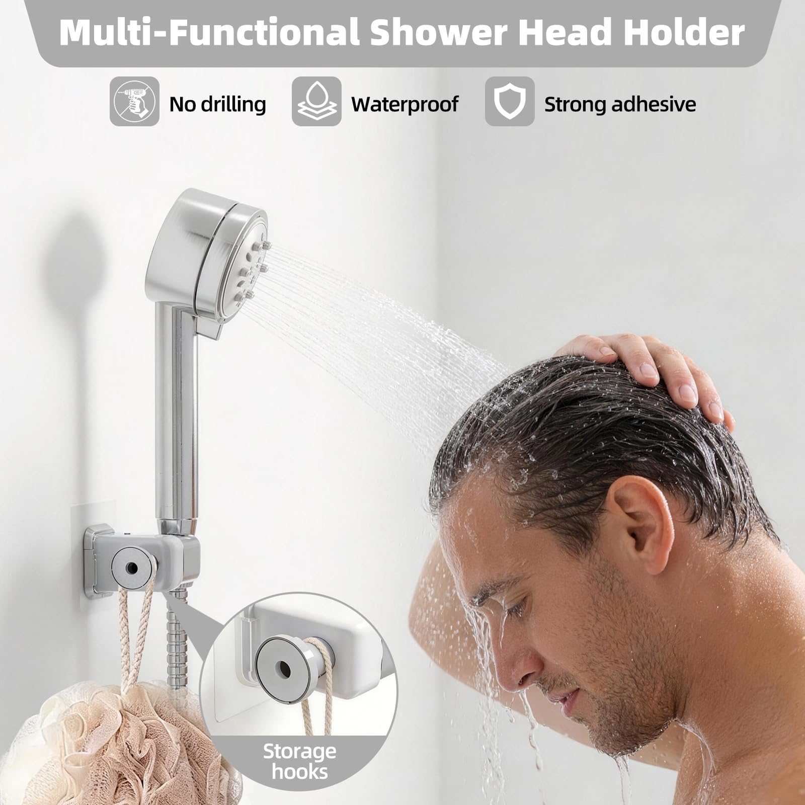 Gurwen Support Pommeau de Douche sans Percage Angle Réglable, Support Douchette, Accroche Pommeau de Douche Auto-Adhésif, Convient à un Usage Domestiqu la Salle de Bains, Capacité Maximale de 3 kg - 3