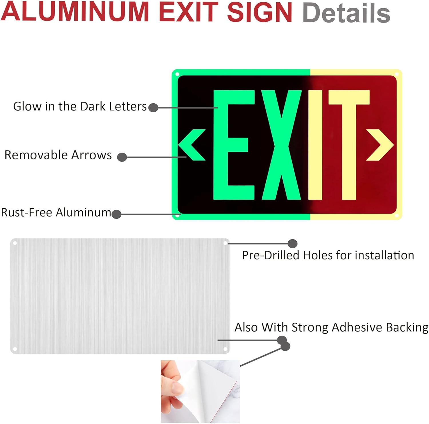 2Pack Photoluminescent Exit Sign Aluminum - 14x10 Inches Glow In Dark Exit Sign with Adhesive Backing - Removable Arrows Included - Non Electrical Red Exit Light For 50 Feet Visibility