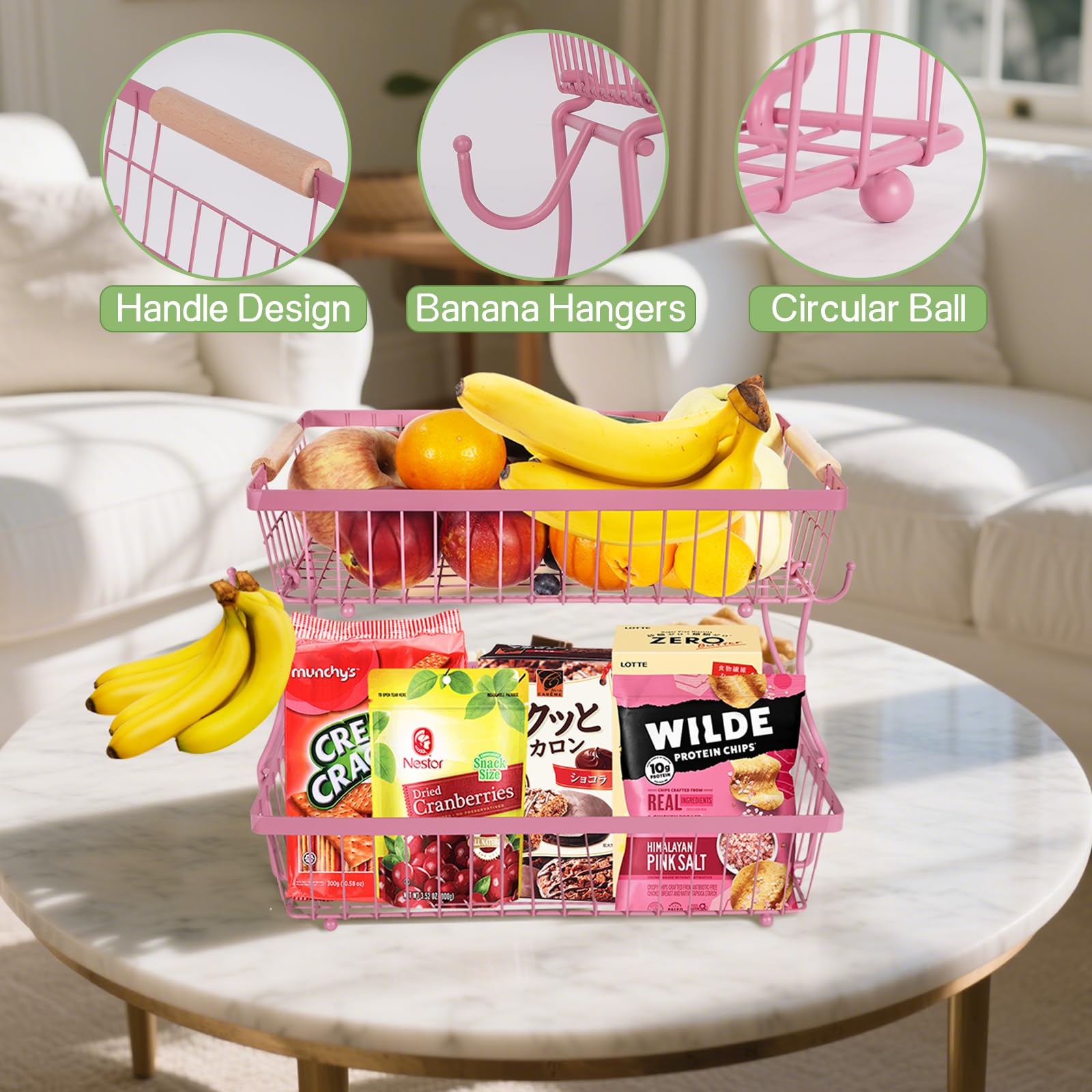 Obstkorb, Schüssel, 2 Etagen, abnehmbar, mit 2 Bananenaufhängern, Obstständer für Küchenarbeitsplatte, Metalldraht, Gemüseaufbewahrung, Organizer, für Brot, Snacks, Gemüse, Rosa