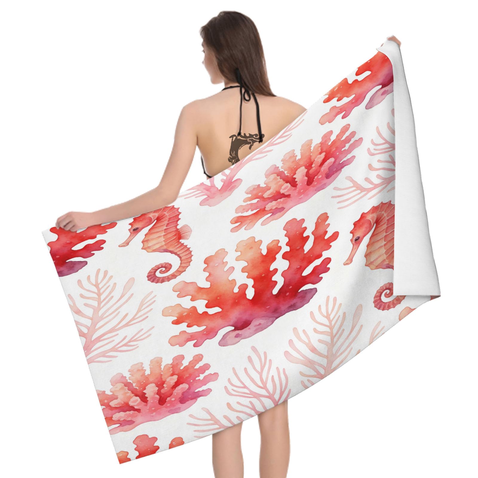 Leichong 3D Watercolor Seahorse Beach Towel Microfiber Soft Quick Dry for Adults, Ocean Life Bath Towel Lightweight Soft Absorbent for Travel Swimming Pool Sports, 75 x 150 cm