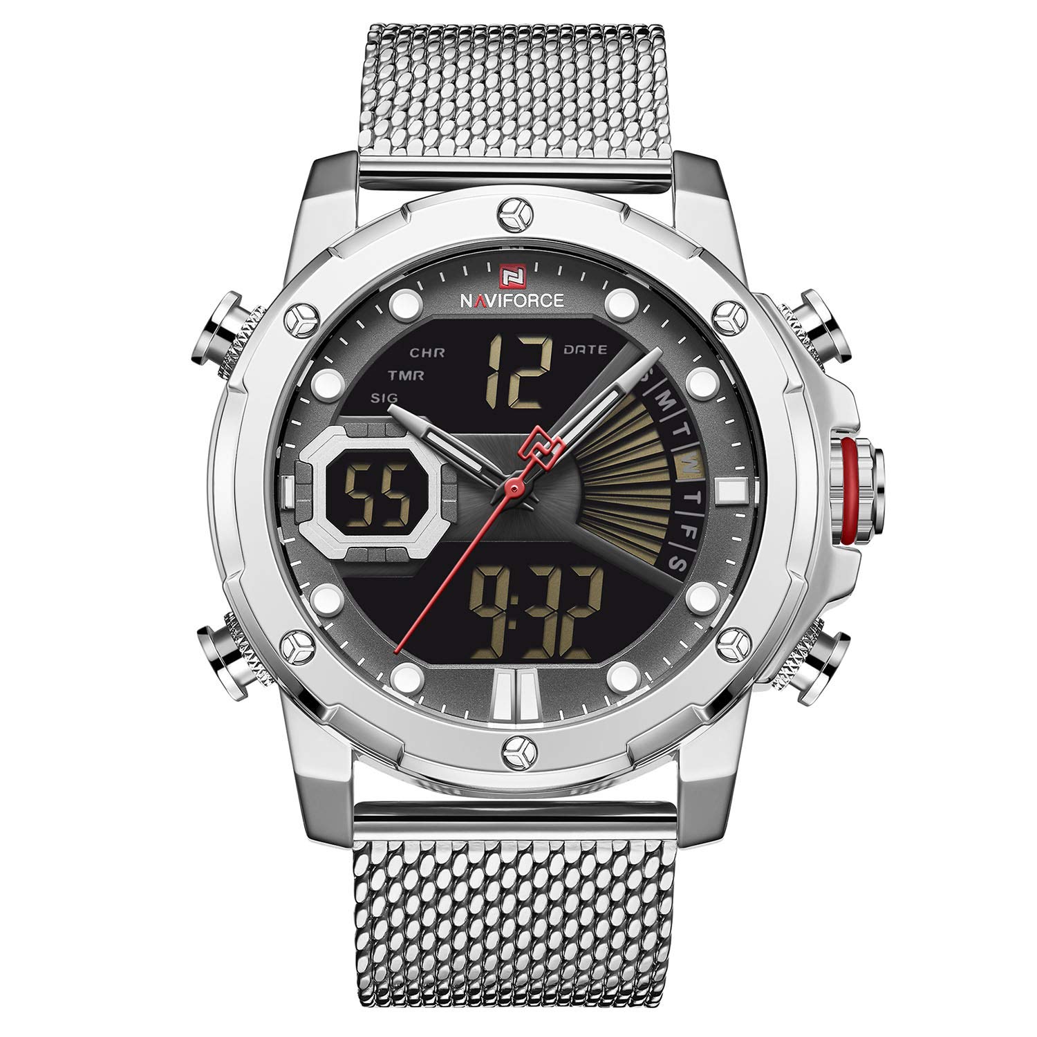 NAVIFORCE Mens Digital Watches Stainless Steel Mesh Band Sport Waterproof Watch with Alarm Military Dual Time Wristwatch,Silver (B0837R67G5) Amazon Price History, Amazon Price Tracker