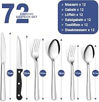 Bastwe 72 részes rozsdamentes evőeszköz készlet 12 személyre, kés, villa, kanál, mosogatógépben mosható 2
