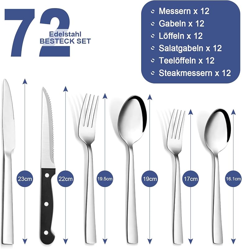 Bastwe 72 részes rozsdamentes evőeszköz készlet 12 személyre, kés, villa, kanál, mosogatógépben mosható