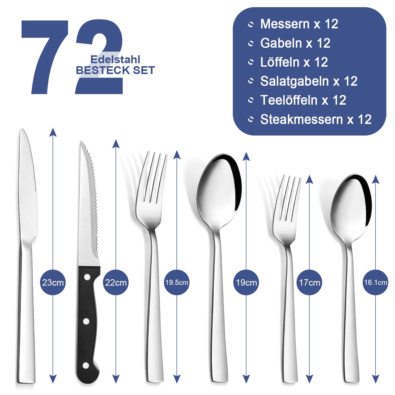 Besteck Set für 12 Personen, Bastwe 72-teiliges Edelstahl Besteckset mit Steakmesser, Messer, Gabel, Löffel, Hochwertiges Essbesteck Set für Restaurant Party Hochzeit, Spülmaschinenfest Küche, Haushalt & Wohnen