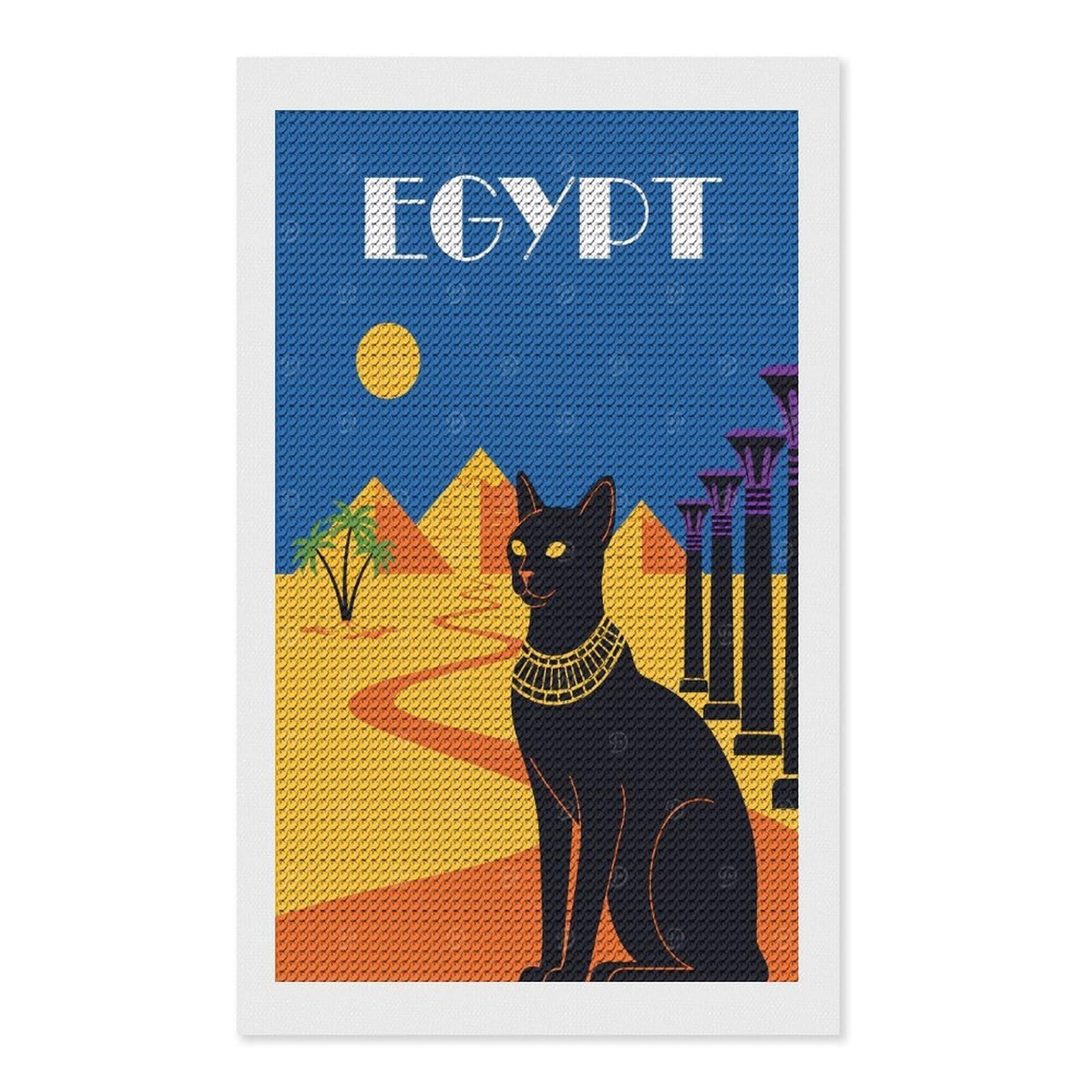 Junmoney Egypt Black Cat Diamond Art Canvas 12"x20", Full Kit Included, Bedroom Decor, for Beginners, Thoughtful Handmade Gift