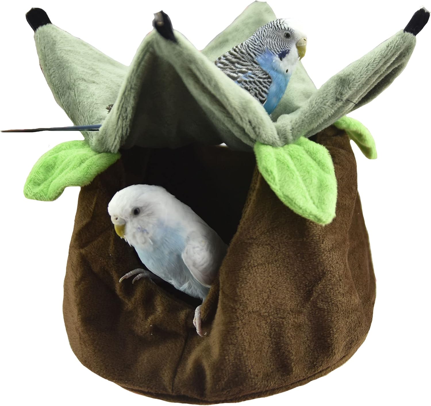 FLAdorepet 2 Layers Bird Hammock Nest Hanging Bed for Parrot Sugar Glider | Soft Plush Warm Bed;Tree Stump Leaf Outlook;4 Metal Hooks;Two Rest Zones,Warm Windproof Hideout,Fits Parakeets Cockatiels