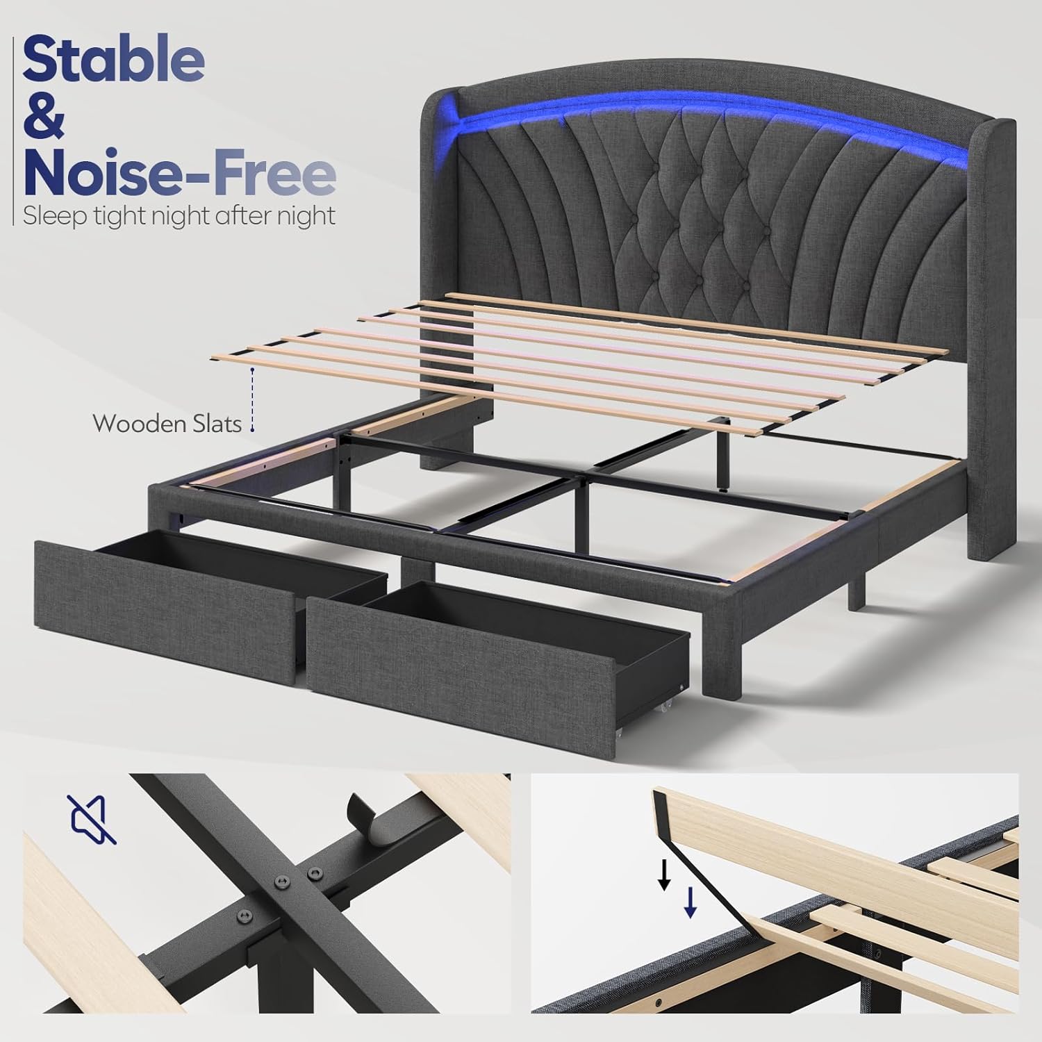 Upholstered Full Size Bed Frame with 2 Storage Drawers Wingback Headboard LED Bed Frame Solid Wooden Slats Support No Box Spring Needed
