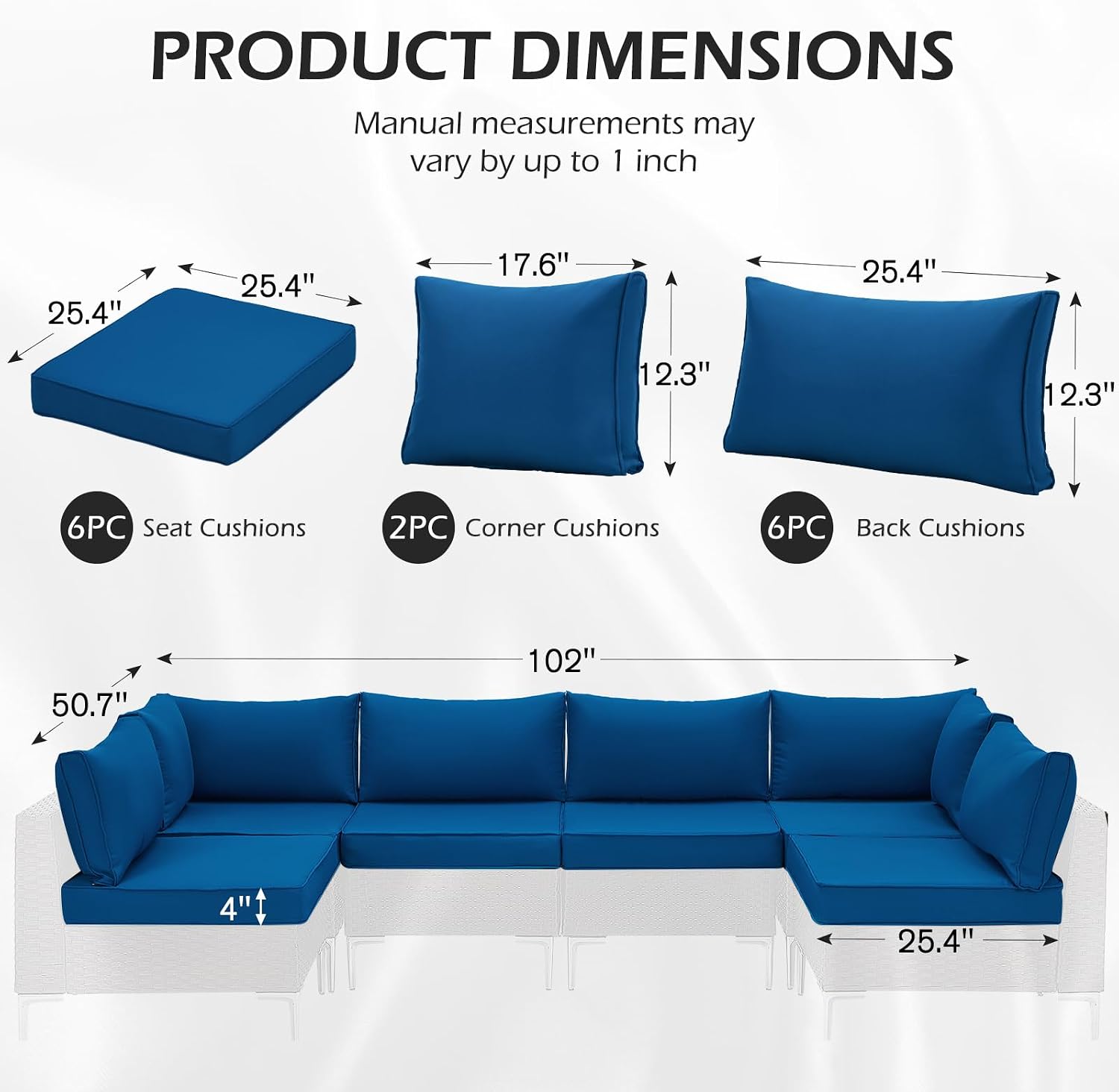 HOMREST Outdoor Replacement Cushions,Water-Resistant 4" Thick Seat Cushion for Patio Furniture,25x25 in Patio Furniture Cushions,Non-Slip 14-Piece Set for 6-Seat Rattan Wicker Sectional Sofa, Blue