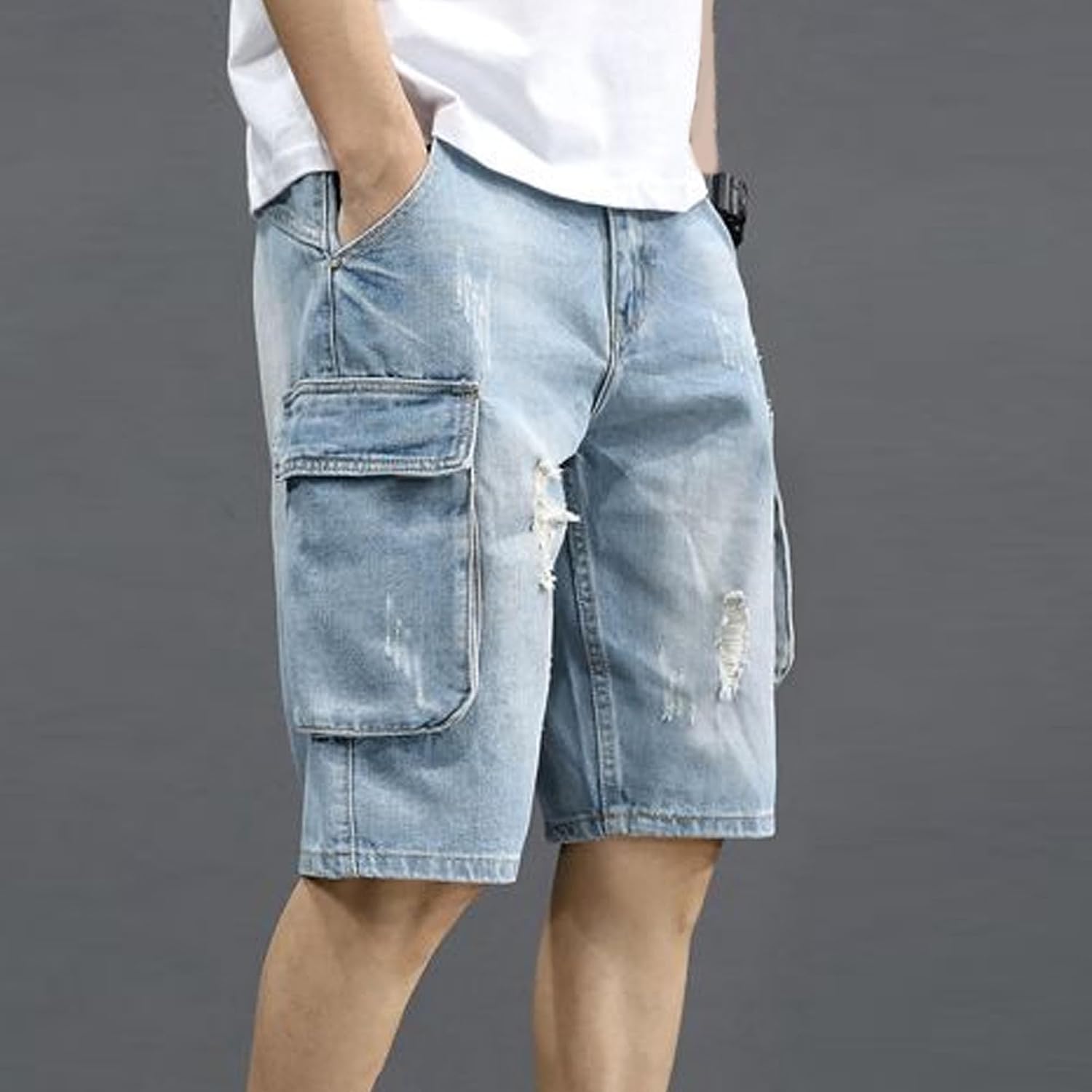Men's Ripped Jean Shorts Multi-Pocket Denim Cargo Shorts Cotton Casual Vintage Short Jeans