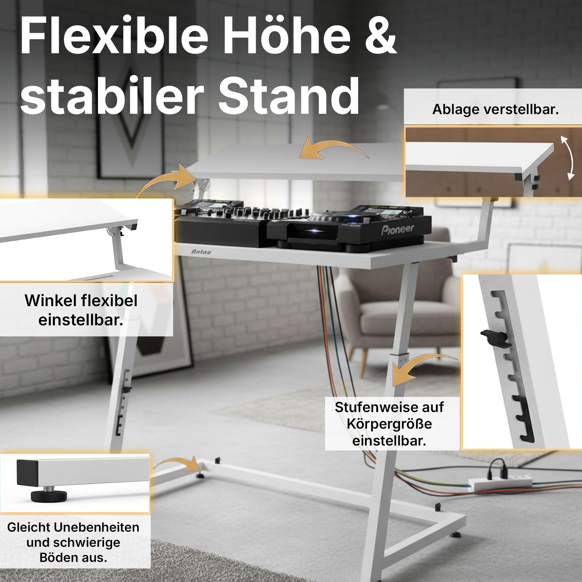 Antoc DJ-Stand DJS-44 - White - DJ Pult mit großer Laptopablage