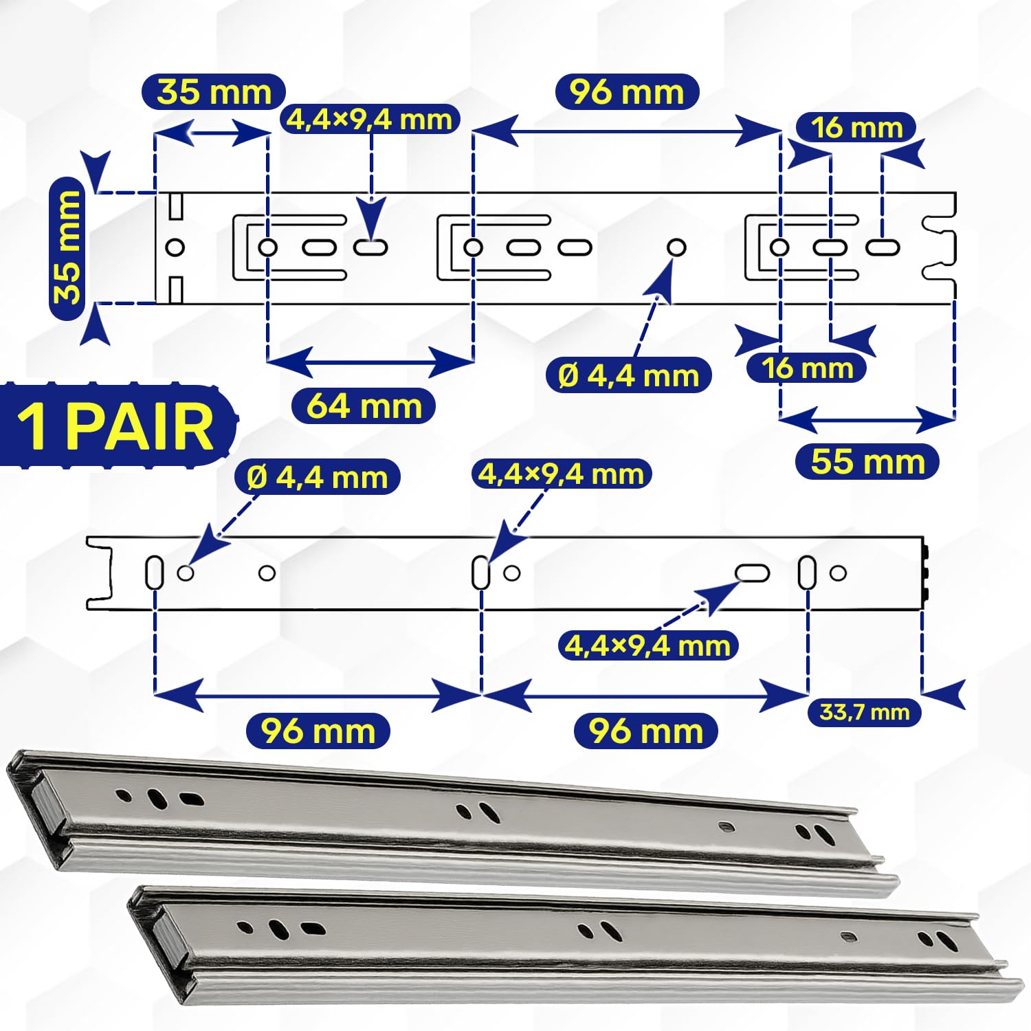 1 Pair Ball Bearing Drawer Runners 250 mm x H 35 mm - Full Extension Telescopic Draw Runners Replacement - Warranty 10 Years - MONTERAL - Image 2