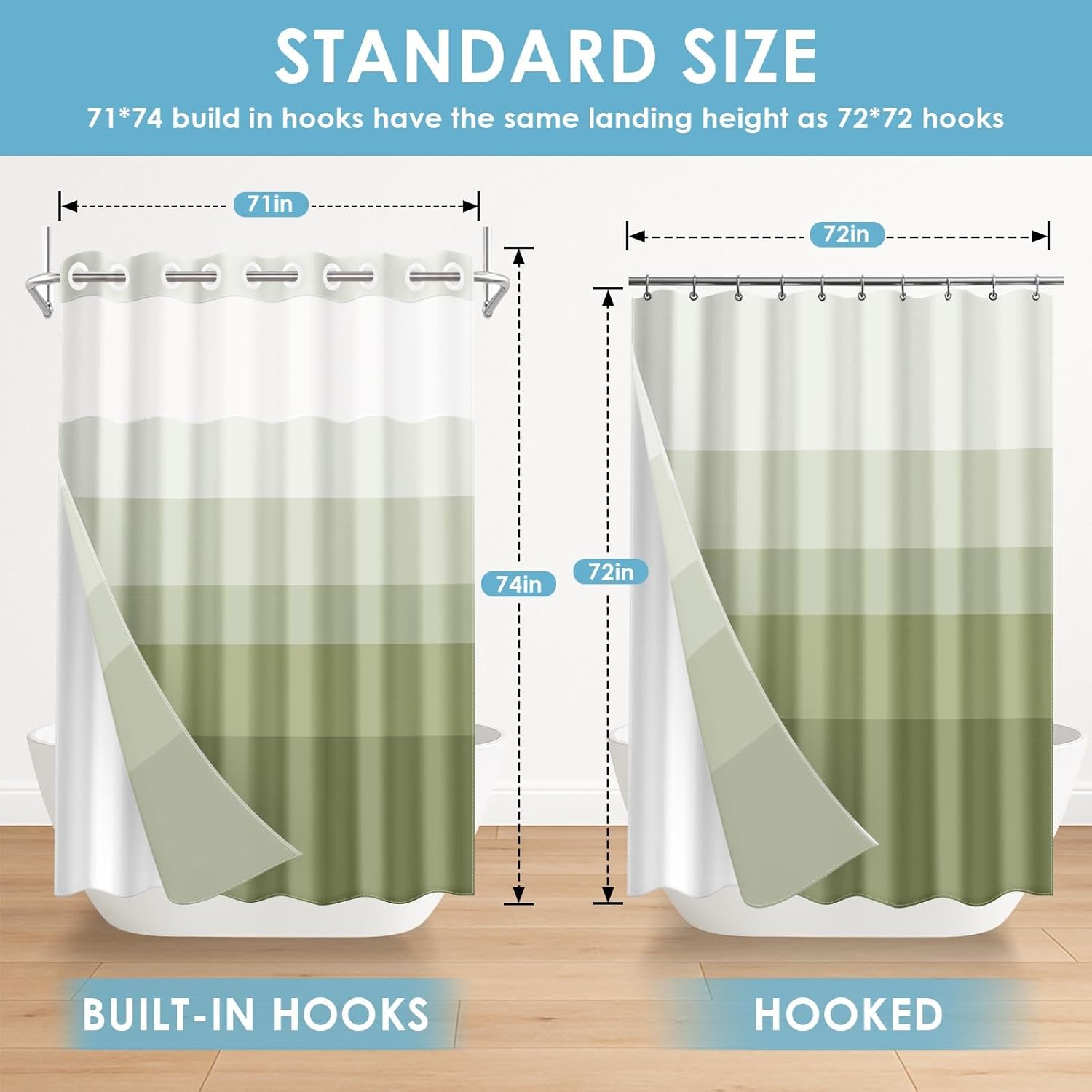 No Hook Sage Green Ombre Shower Curtain with Snap in Fabric Liner Set, Modern Geometric Double Layers Waterproof Fabric with See Through Top Window Bath Curtain 71x74 Inch