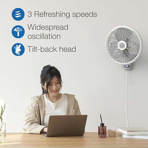 Vista 4 de Lasko Ventilador oscilante de montaje en pared de 3 velocidades de 16" para uso en interiores, M16900, gris claro