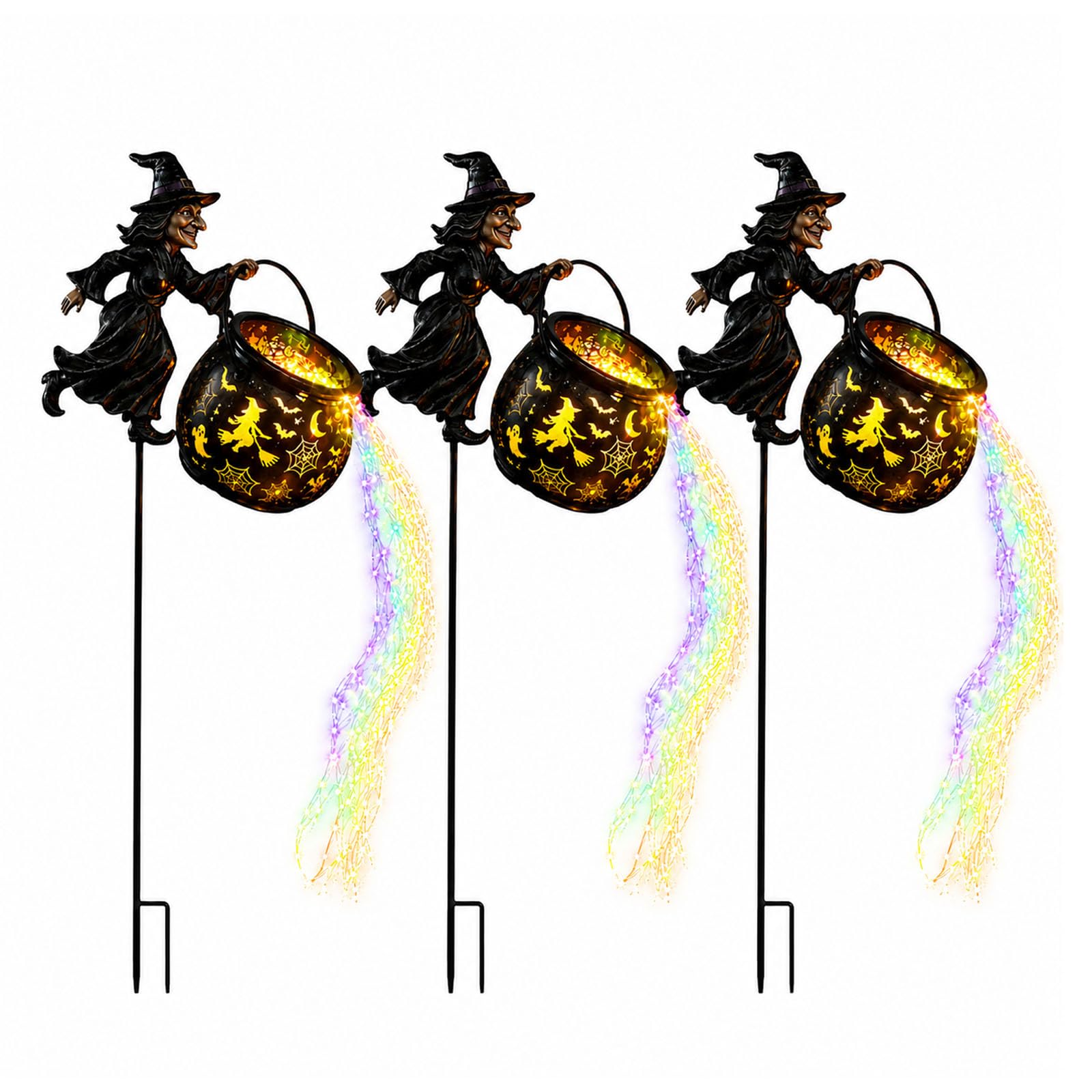 Halloween Witch Cauldron Garden Light, LED Color Waterfall-Style Light Flow Flying Witches Halloween Décor (3PCS)