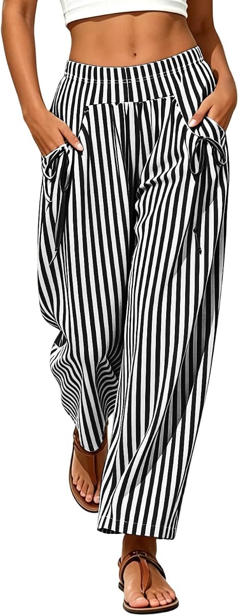 Women's Striped Wide Leg Pants Drawstring Casual Lounge Trousers