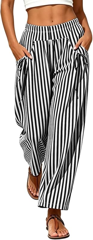 Women's Striped Wide Leg Pants Drawstring Casual Lounge Trousers