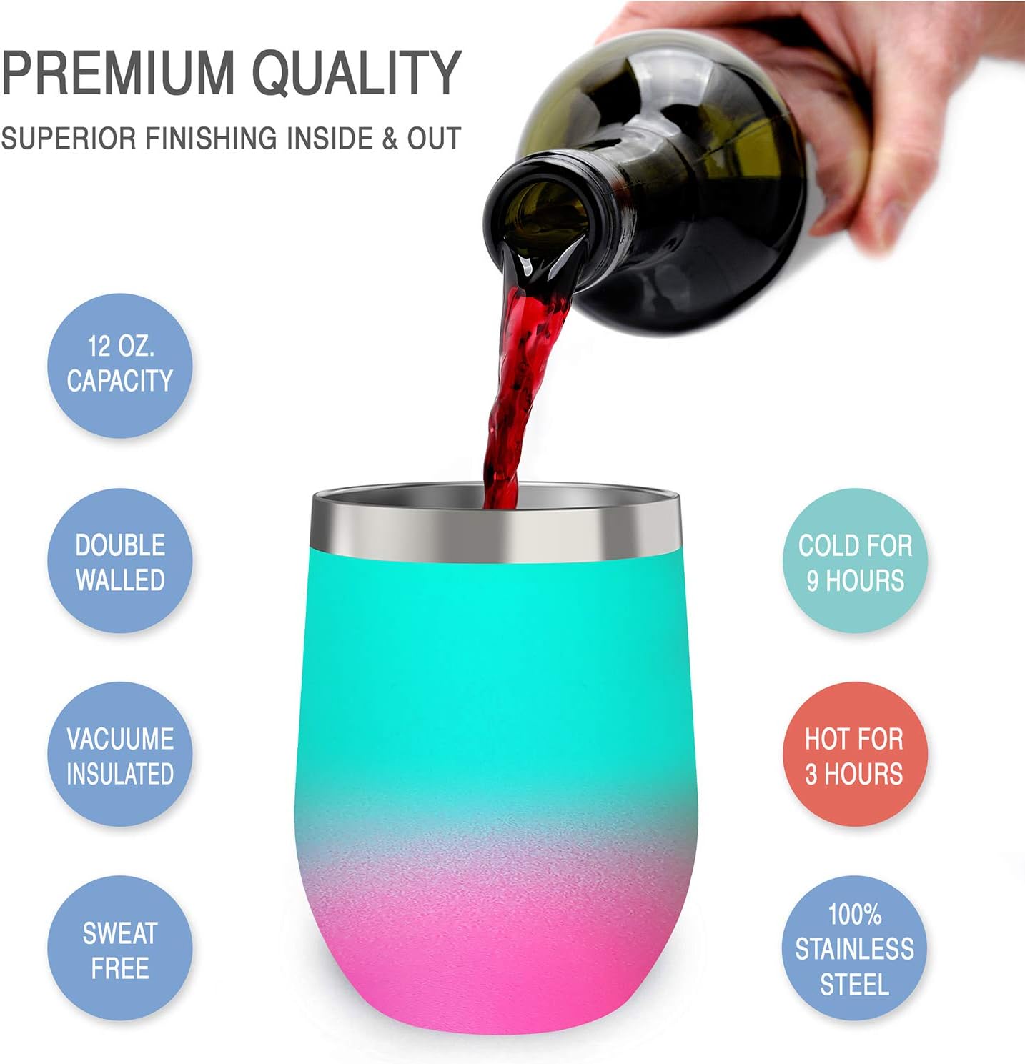 CHILLOUT LIFE 12 oz Stainless Steel Wine Tumbler with Lid - Double Wall Vacuum Insulated Wine Cup Glass Keeping Cold & Hot for Coffee, Champagne, Cocktails, Ice Cream - Powder Coated Aqua Blue/Pink - Image 3