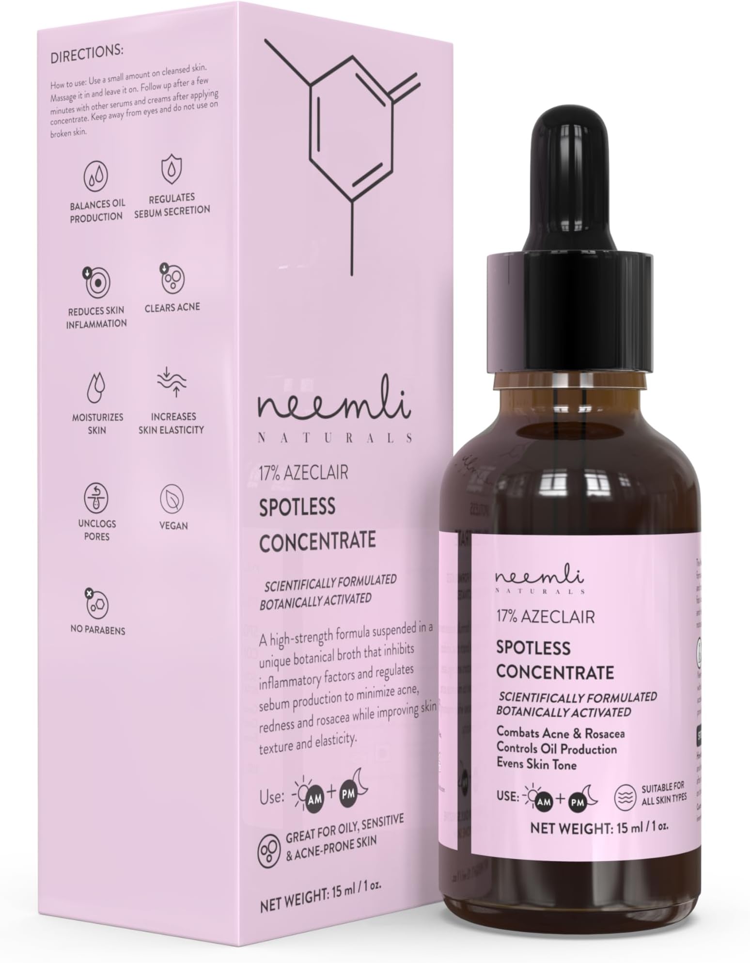 Neemli Naturals Azelaic Spotless Concentrate Serum Moisturizes Skin, Unclog Pores, Combat Acne & Rosacea Suits All Skin Type, 15 Ml (Pack Of 1)