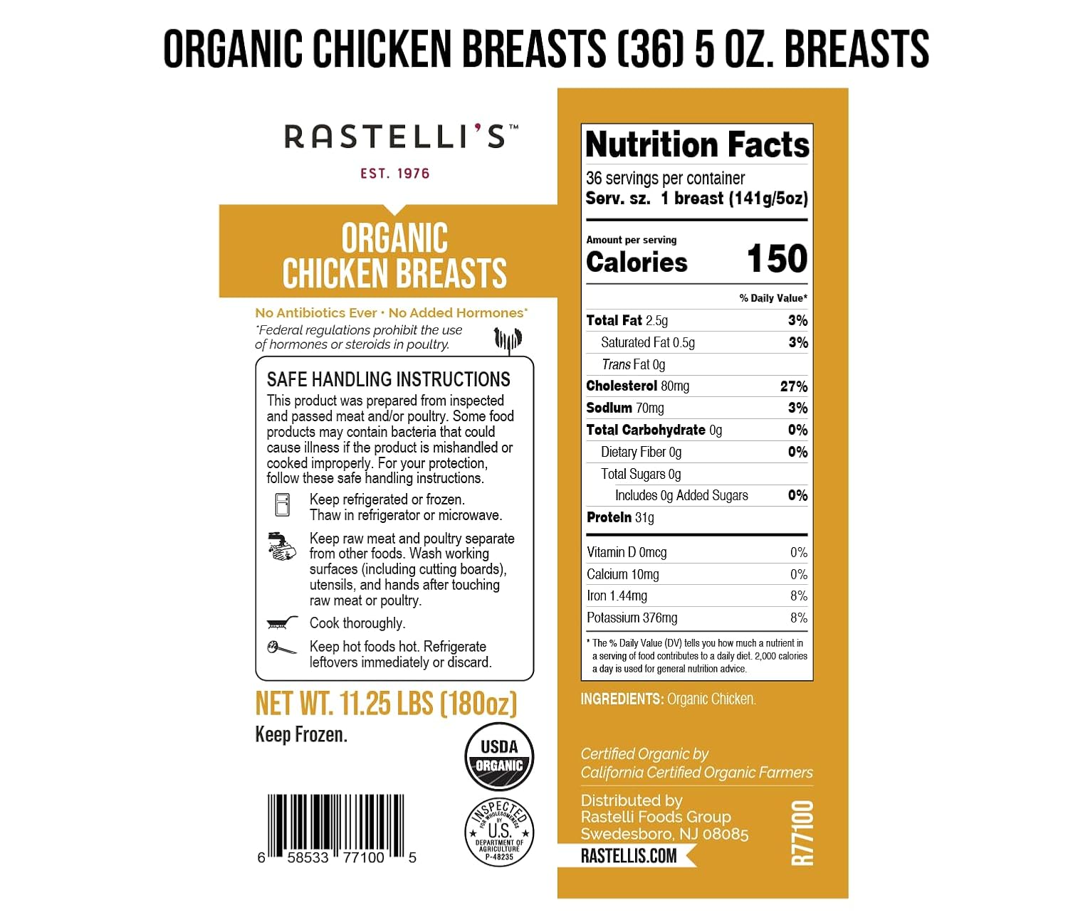 Rastelli's Organic Chicken Breasts (36 ct) 5 oz Portions, 11.25 lbs. Total