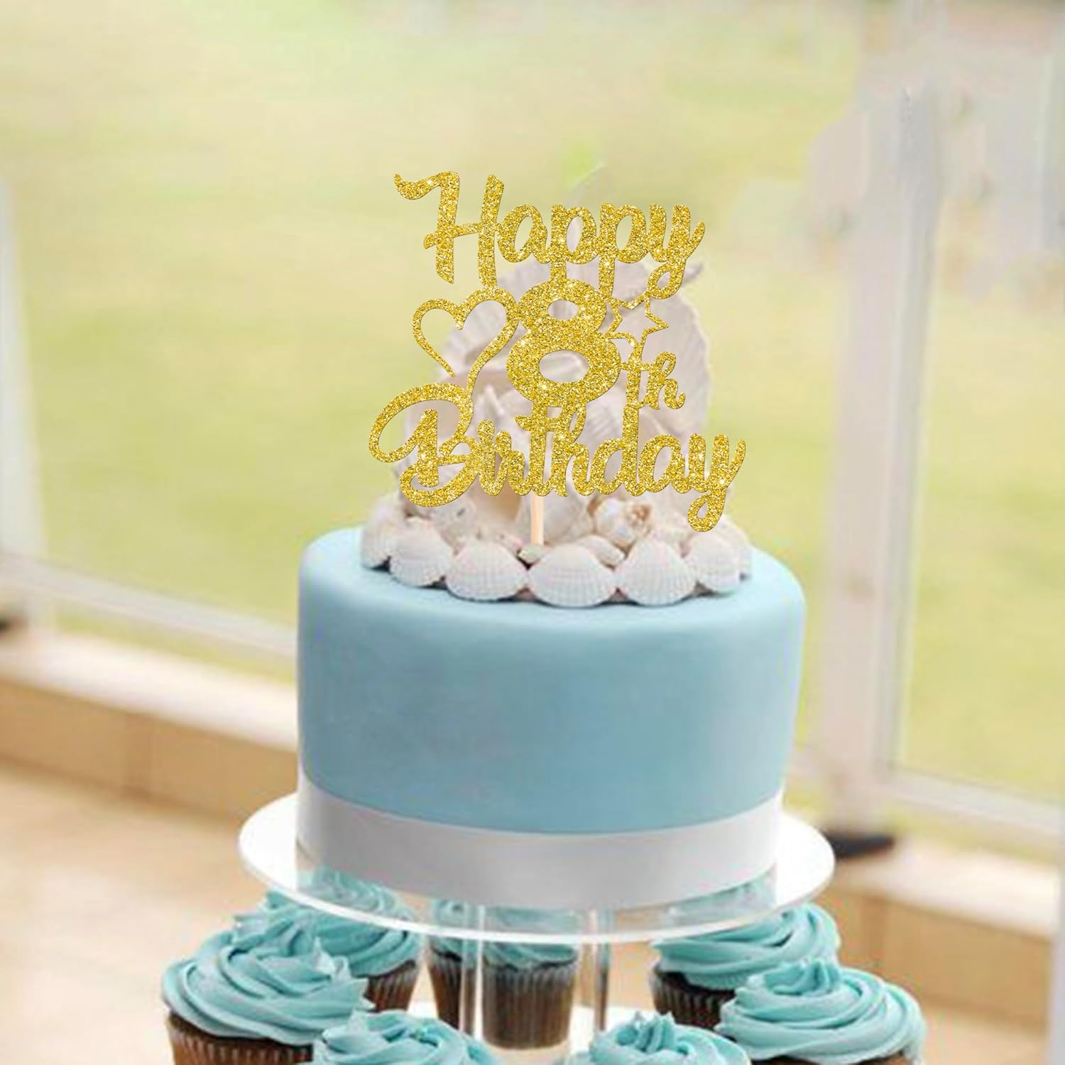 1 Pack Happy 8th Birthday Cake Topper Glitter Heart Star 8 Fabulous Cake Pick Birthday Sign Cake Decorations for 8th Birthday Theme Party Supplies Gold