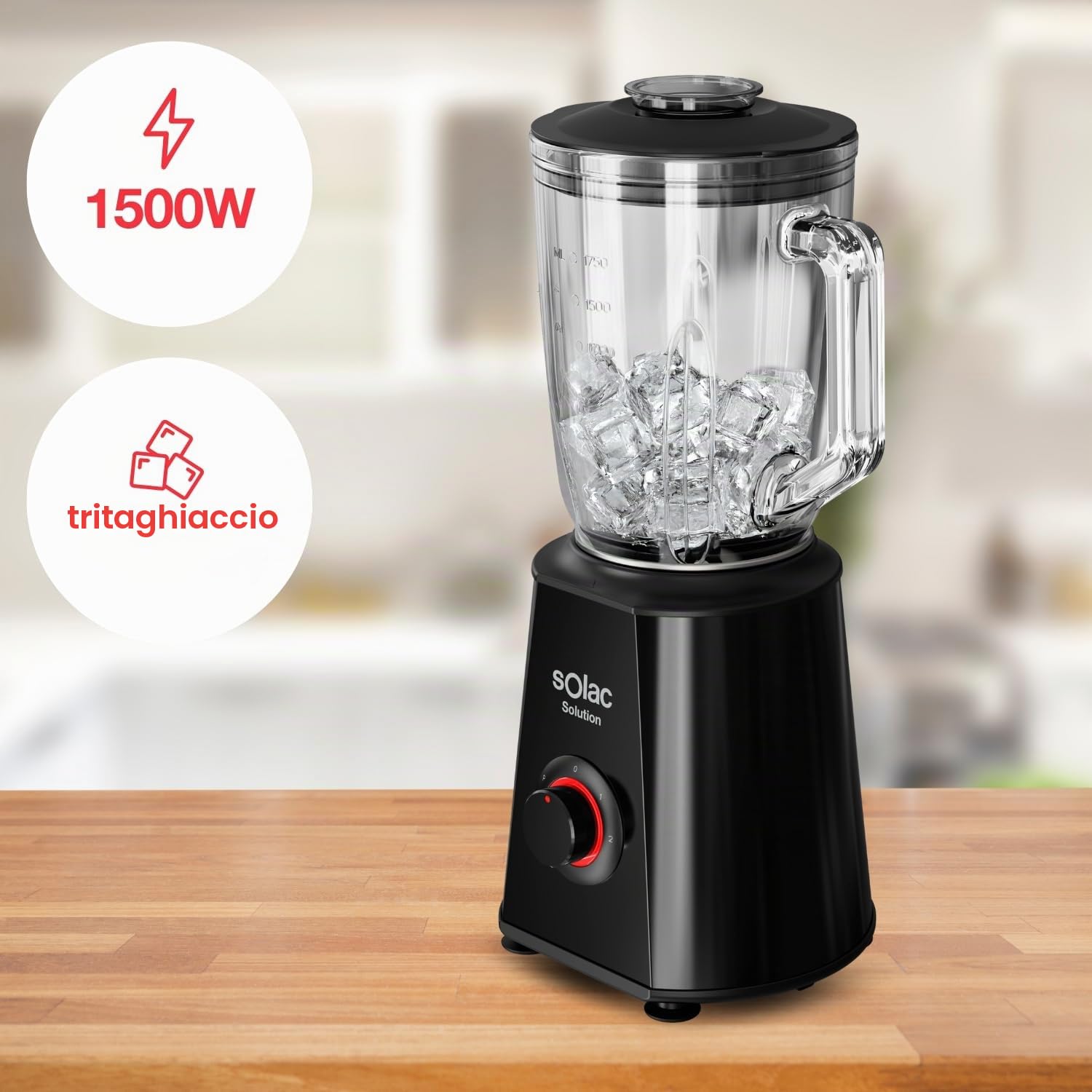 Solac Solution – Frullatore da Tavolo BV6785 | 1500W | Caraffa in vetro 1,5L | Lame inox a 4 fili | 2 velocità + Pulse | Funzione tritaghiaccio | Bicchiere dosatore 50ml | Lavabile in lavastoviglie