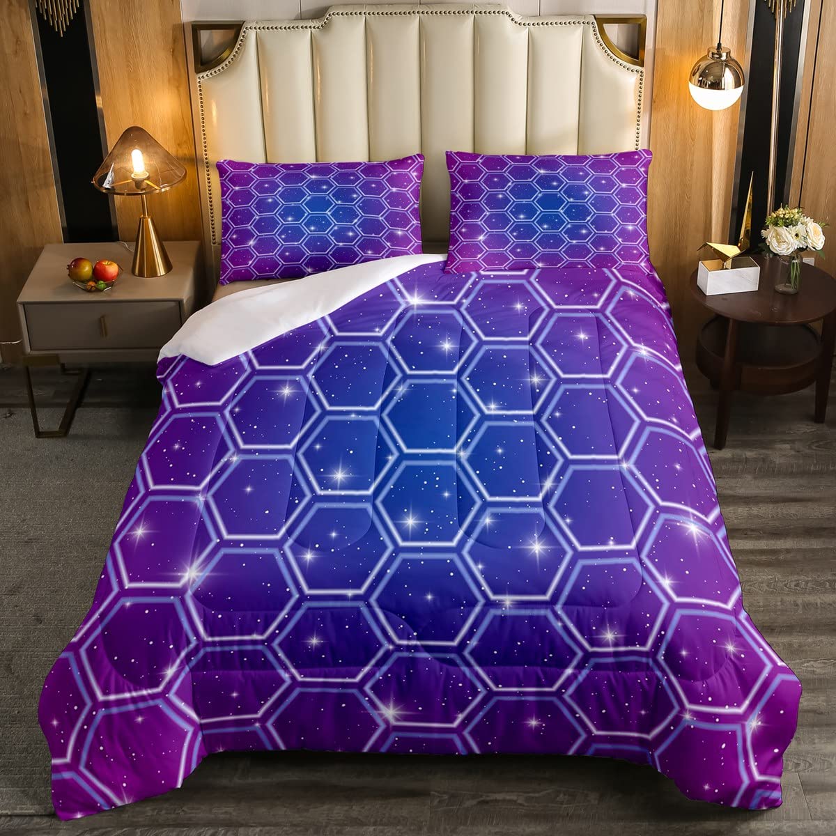 Loussiesd Honeycomb Bedding Set for Girls Boys Children Geometric Hexagonal Duvet Insert Gradient Blue Purple Beehive Geometrical Galaxy Starry Duvet Set Double Size
