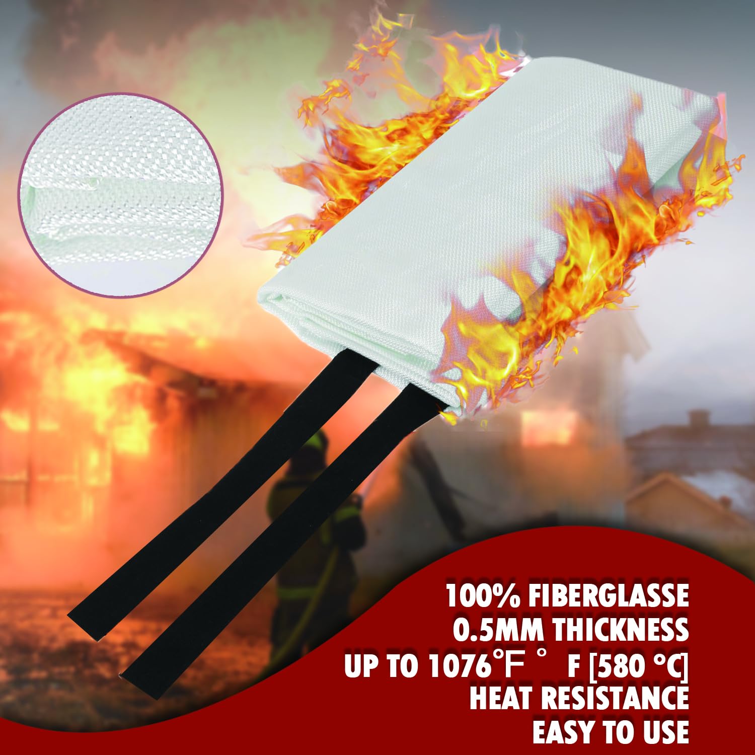 MDH Manta ignífuga de fibra de vidrio de 40 x 40 pulgadas con guantes, ganchos y silbato, seguridad ignífuga para el hogar, cocina, restaurante, casa, reutilizable (manta ignífuga paquete de 2)
