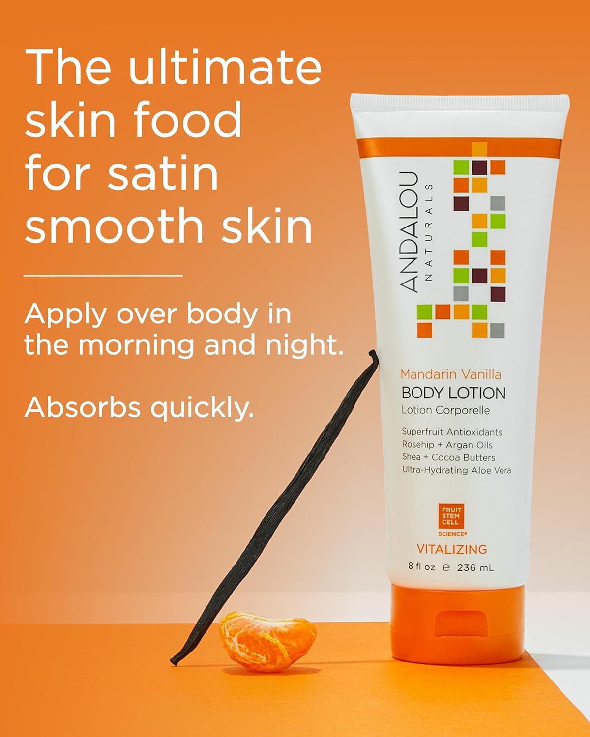 Andalou Naturals Vitalizing Body Lotion Mandarin Vanilla - Hydrating Daily Moisturizer to Nourish Dry Skin - With Shea Butter, Cocoa Butter, Rose Hip Oil, Argan Oil, & Aloe Vera - 8 fl oz - Image 4