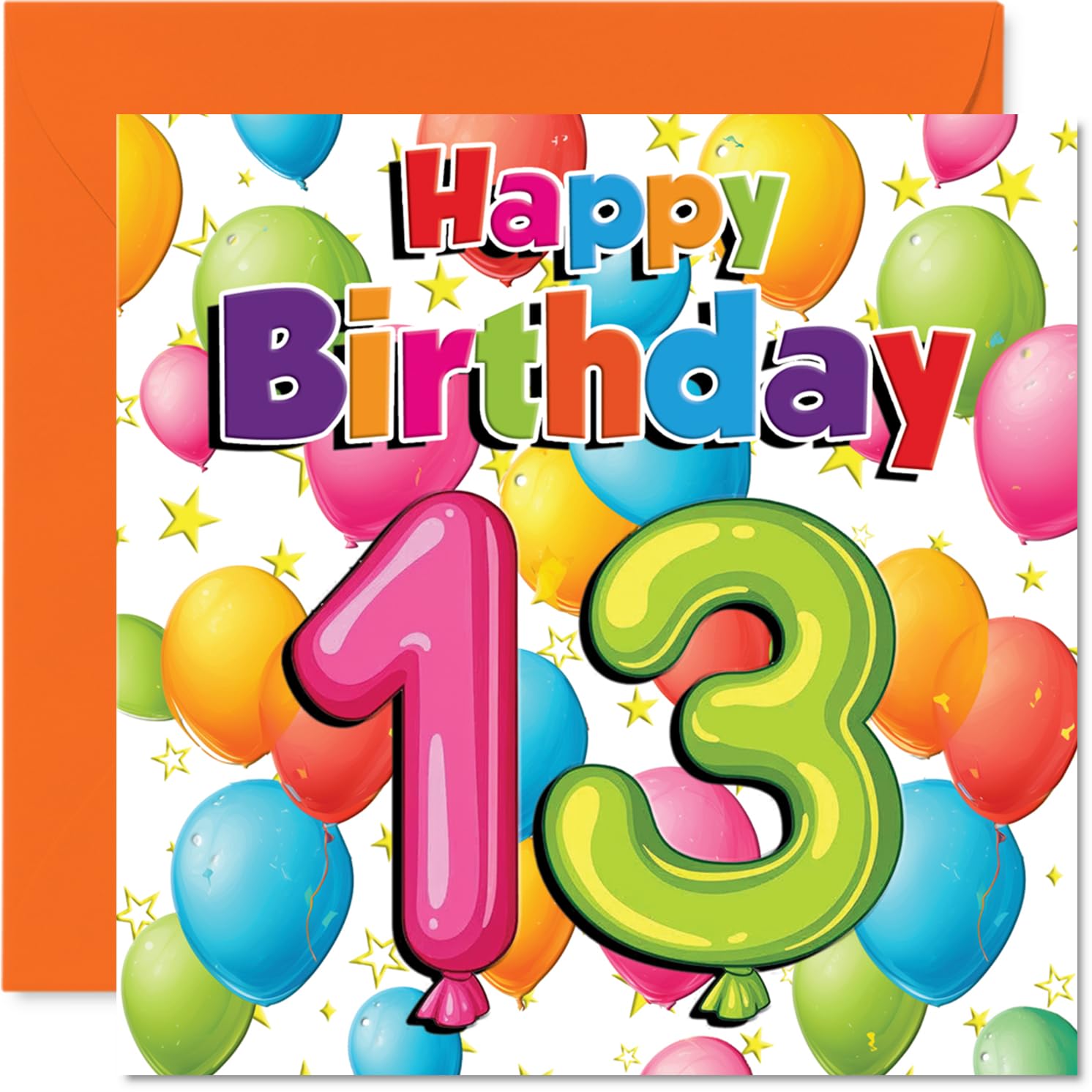 Playful 13th Birthday Card - Bursting with Birthday Cheer - Vibrant Balloons and Stars Design - Lively Way to Mark the Big 1-3 Milestone - 145mm Square, Envelope Included