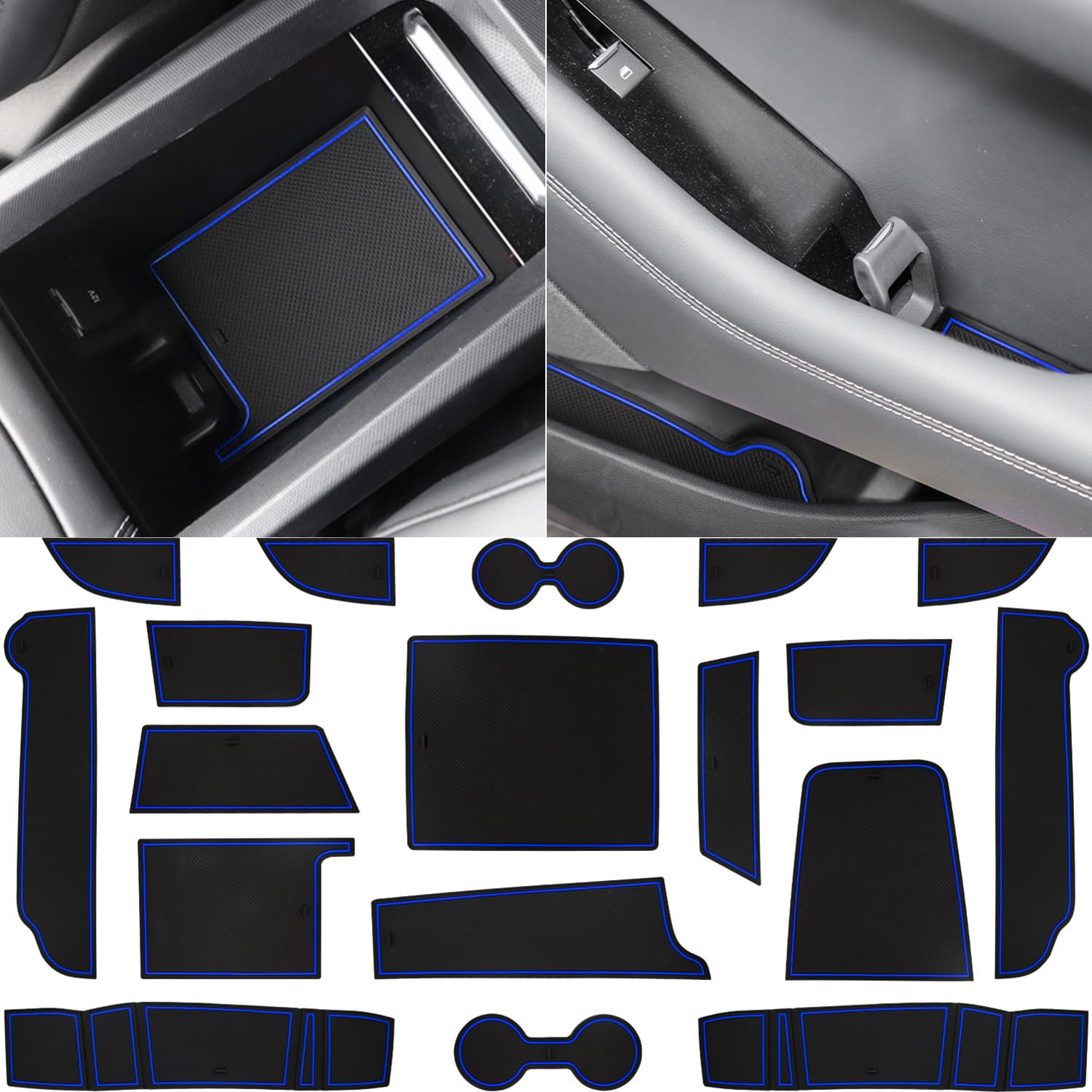 Center Console Liner for Ford Mustang Mach-E Accessories 2021 2022 2023 2024 Cup Holder Coaster, Door Slot Insert, Door Pocket Interior, Non-Slip Pad, Anti Dust Mat (18 Pcs Blue Trim)