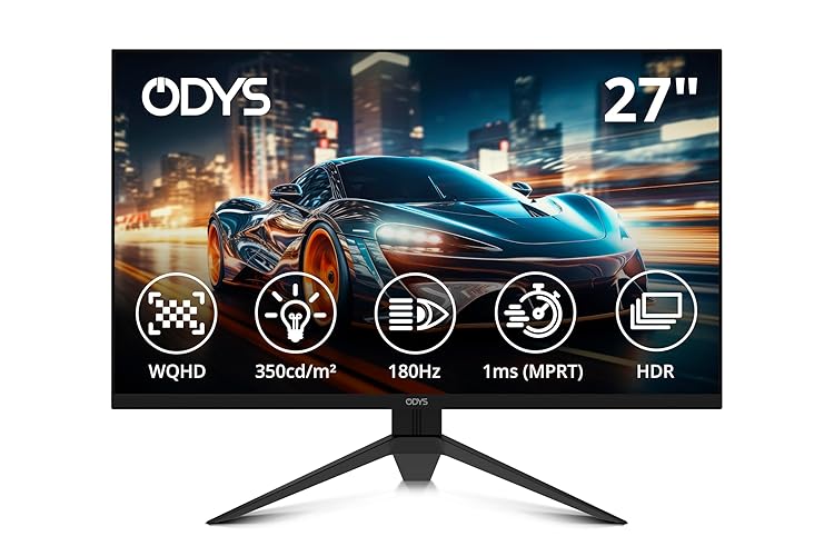 ODYS i27-Q-180-27 Zoll Gaming Monitor (69 cm Bildschirm, WQHD, 2.560x1.440 Pixel, 180 Hz, 1ms Reaktionszeit (MPRT), Fast IPS Panel, 120% sRGB, FreeSync, 2X HDMI, 2X Display Port) - WQHD - 180Hz - 27 Zoll