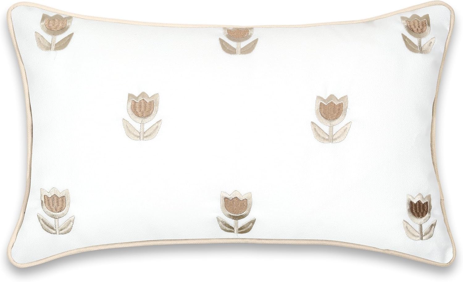 Hofdeco Premium Coastal Patio Indoor Outdoor Lumbar Pillow Cover Only, 12"x20" Water Repellent for Backyard, Couch, Tan Embroidered Tulips Floral with Piping