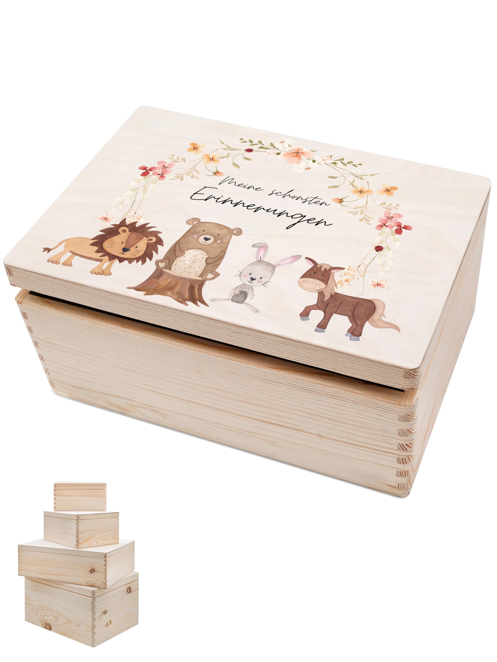 wunderwunsch® - Personalisierte Erinnerungsbox Baby mit Spezial-Druck - Baby Erinnerungsbox - Erinnerungskiste aus Holz - Geschenk zur Geburt (Tiere Blumenkranz, M | Klappdeckel)