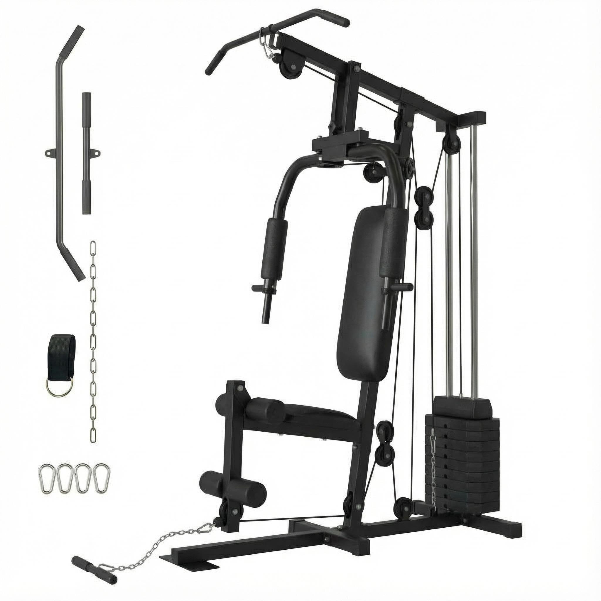 Home Gym Equipment, 100LBS Weight Stack Machine for Full Body Workout, Multifunctional Strength Training Station with Pulley System, Includes LAT Bar, t-Bar & Accessories for Home Fitness