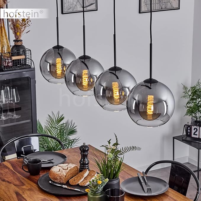 hofstein Koyoto hanglamp, metaal/glas hanglamp in zwart/smoke/clear, 4-lamps lamp in vintage/retro design met glazen kappen (Ø 20 cm), hoogte max. 152,5 cm, 4 x E27, gloeilampen niet inbegrepen photo 2