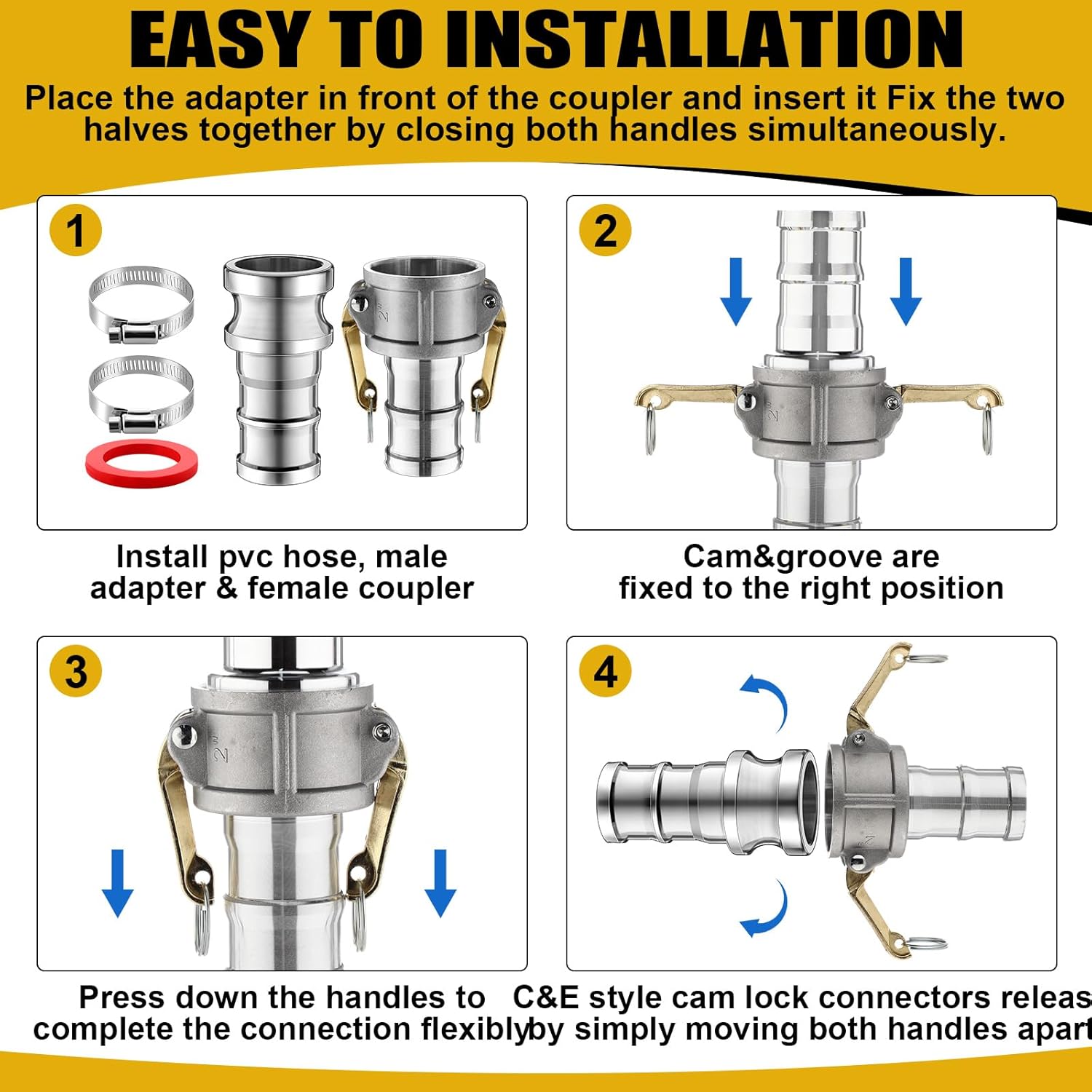2 Set Camlock Fittings Type C&E 3 Inch Aluminum Cam and Groove Hose Fitting Kit include 3" Female Coupling Cam Lock, 3" Male Adapter Camlock, Gasket, Hose Clamps for Industrial