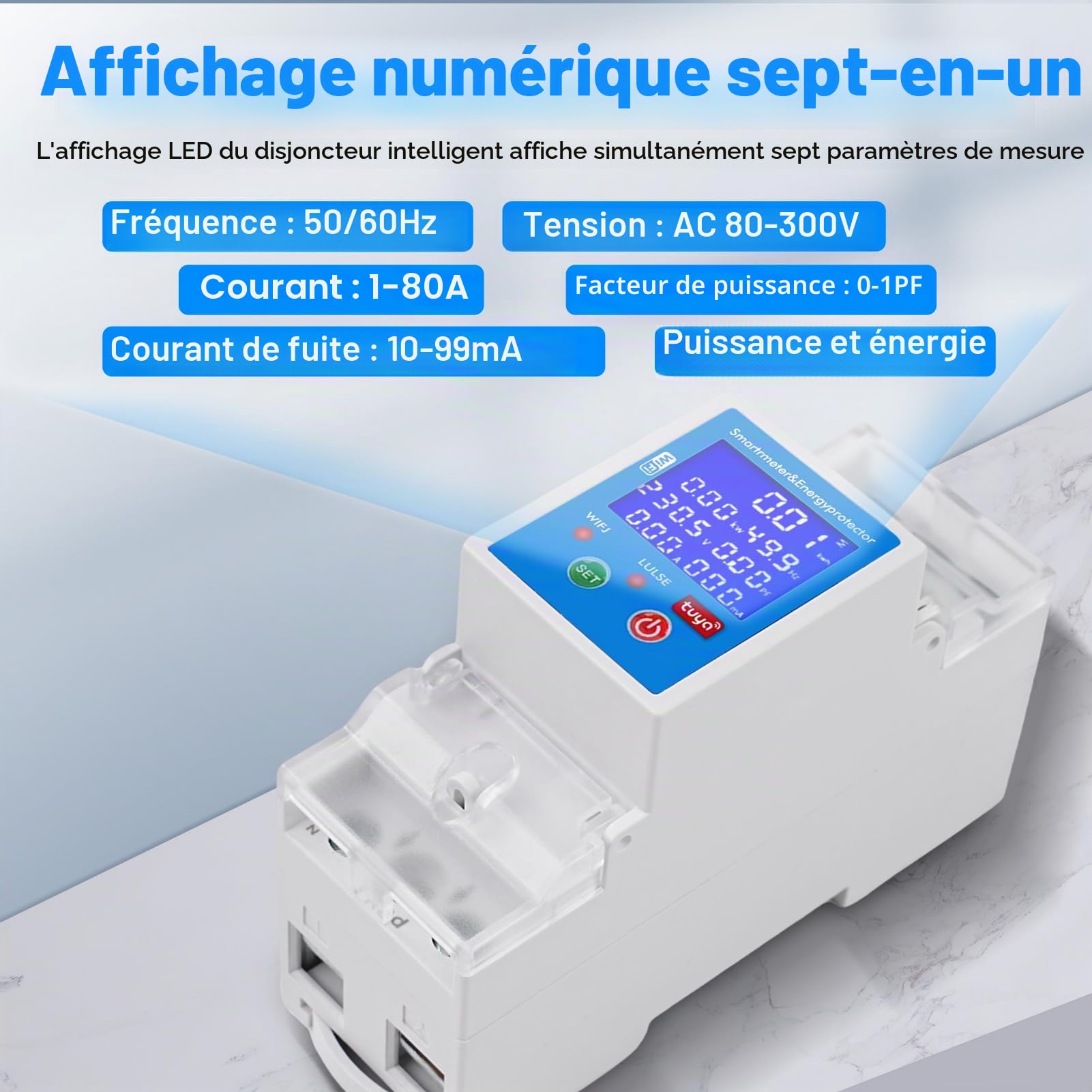 Compteur electrique tuya wifi 80A Contrôle vocal compteur électrique intelligent 2P 80-300VAC disjoncteur connecté compteur numérique Protection contre les surtensions et sous-tensions