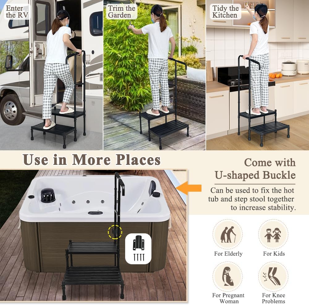 Bed Steps for High Beds for Adults Medical Step Stool with Handle Elderly Handicap Bedside Step Safety Car Step Stool with Handrail 2 Step Platforms Heavy Duty Foot Stool for RV, Kitchen, Bathtub