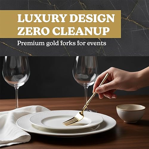 Miniatura 2 de Blue Sky Infinity Flatware Gold - Tenedores desechables para cena, 32 unidades, lujosos cubiertos de plástico prémium para eventos y reuniones