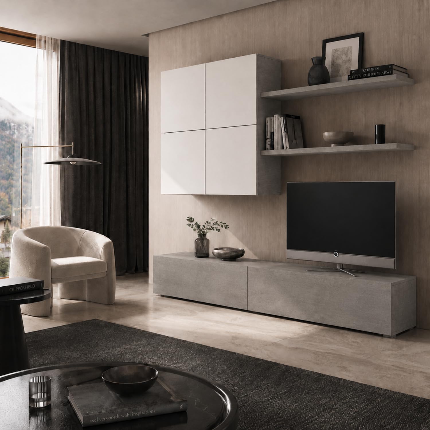 Arreditaly Parete Attrezzata Mobile Soggiorno Moderno Con Base TV 2 Ante Pensile 4 Ante e 2 Mensole Design Contemporaneo in Melaminico Facile da Pulire 200 x 194 x 40 cm Bianco e Grigio Cemento