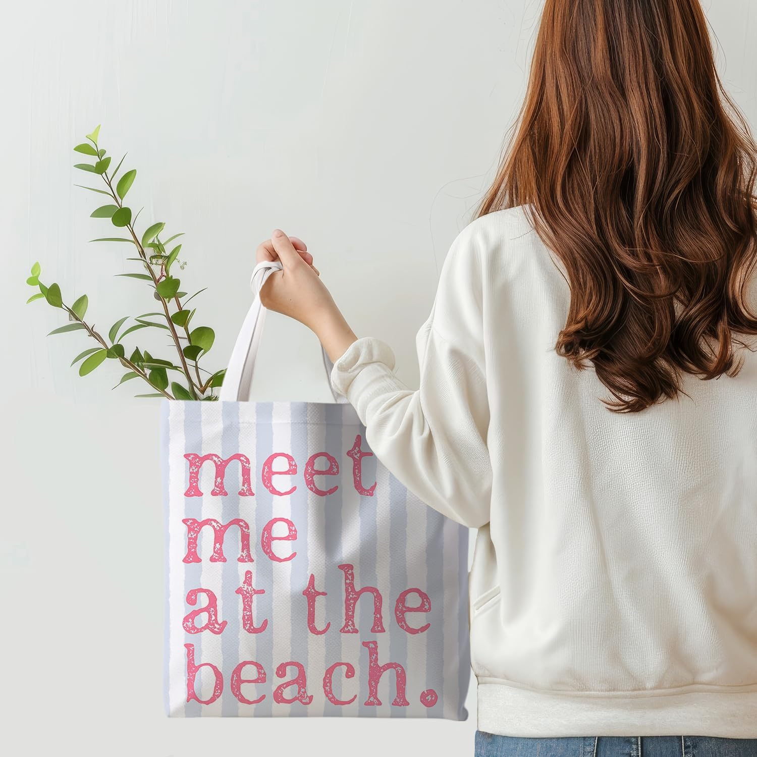 Beach Tote Bag, Summer Canvas Striped Tote Bags for Women, Meet Me At The Beach Aesthetic Shopping Bag