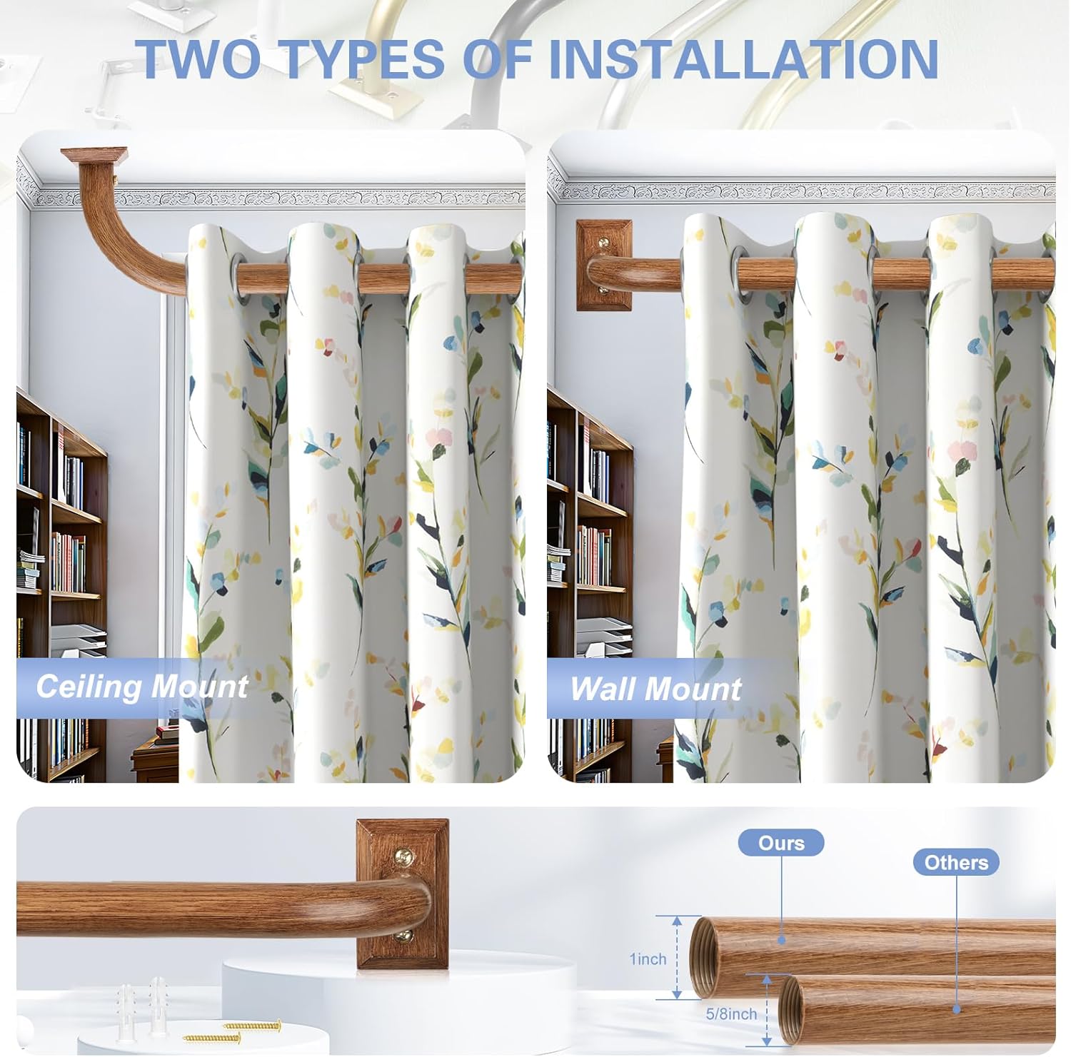 TANGWIN Boho Wrap Around Curtain Rods for Windows 28 to 48 Inch:Heavy Duty Blackout Curtain Rod Room Darkening,1"Wood Wraparound Curtains Rod Curved Black Out Adjustable for Bedroom Kitchen（All Matel）