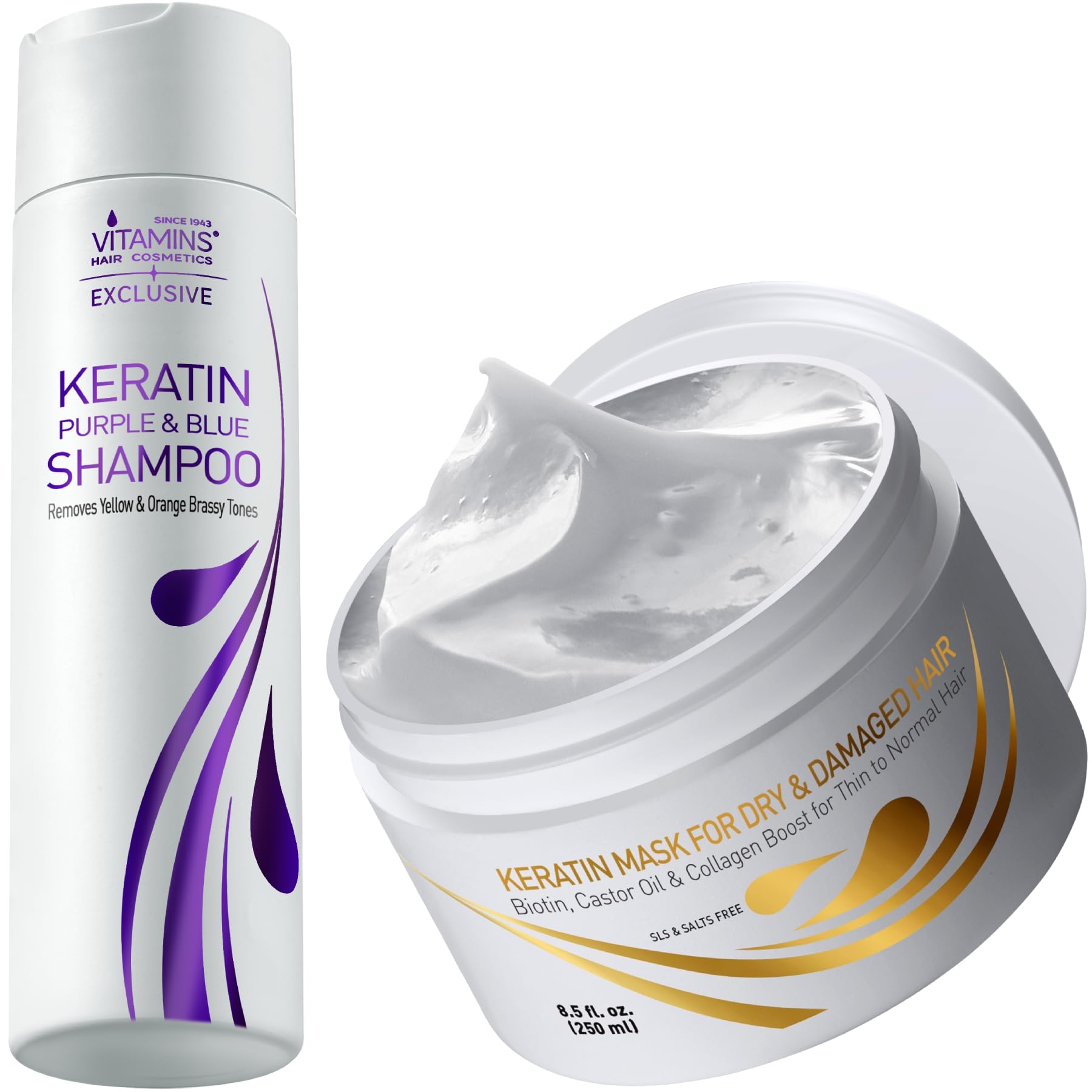 Vitamins Keratin Purple Shampoo and Thin Hair Mask Kit - Violet Blue Anti Brassiness for Bleached Blonde Platinum White Gray Dry Damaged Hair and Intensive Deep Conditioner