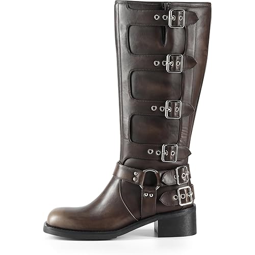iiimmu Buckle Boots for Women Knee-High, Riding Boots Chunky Heel, PU Leather, Square Toe, Bronze Distressed, 14 IN Shaft