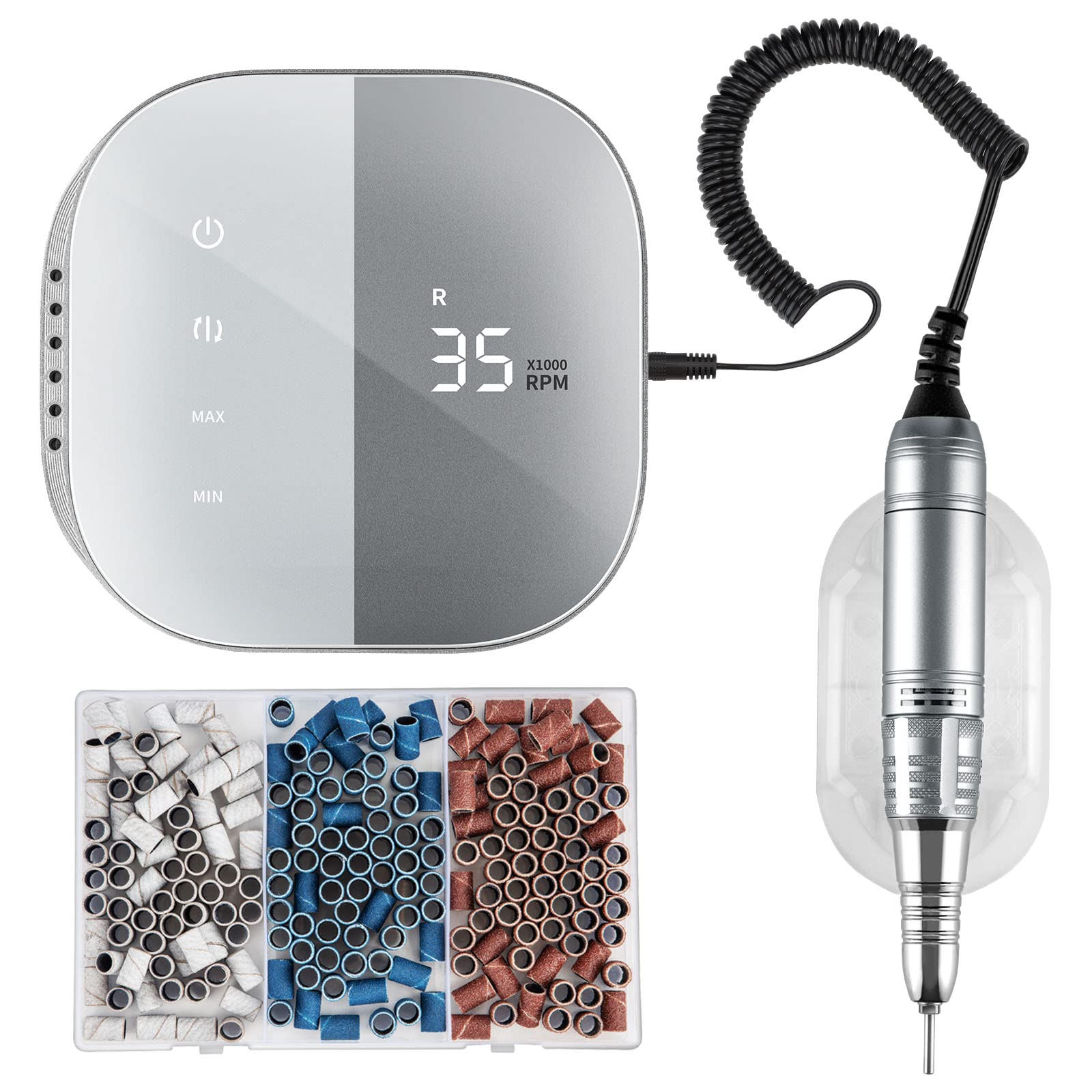 Madenia Professional Nail Drill Machine for Acrylic Nails and 210 Pcs Sanding Bands Set, Gray