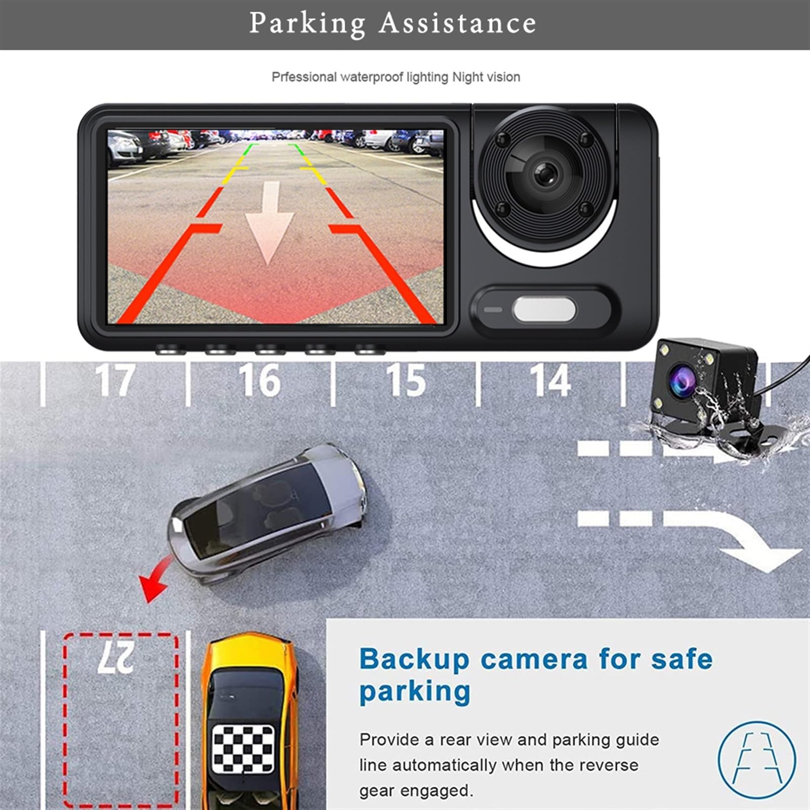 3-kanaals dashcam voor en achter binnen, 1080P dashcamera voor auto's