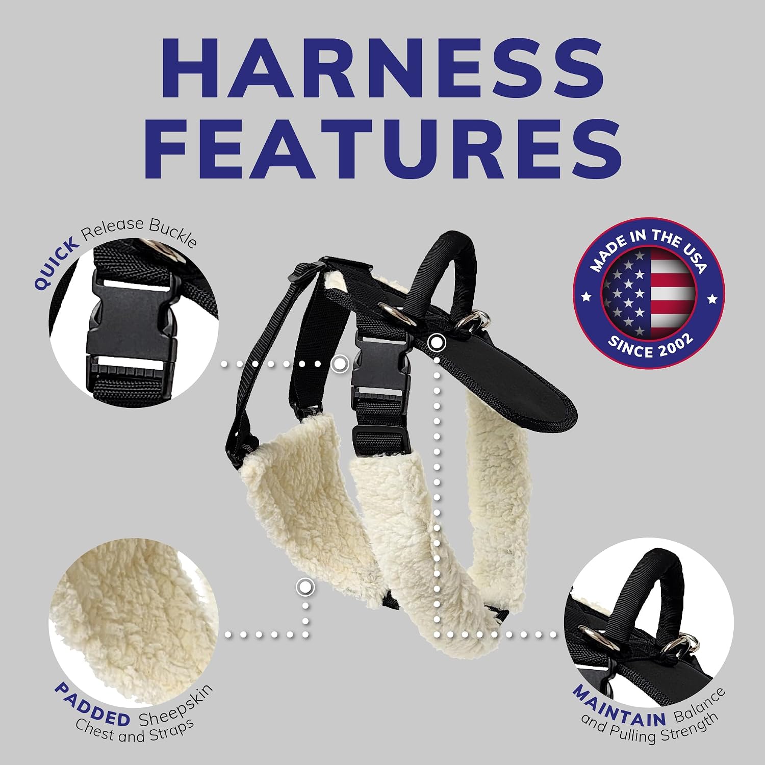 ActiveDogs Service Dog Harness for Large Dogs - Heavy-Duty Harness for Pulling & Balance Mobility w/Raised Handle - Padded Dog Harness Sheepskin Chest & Fully Adjustable Straps, M Size 26" - 34" Black